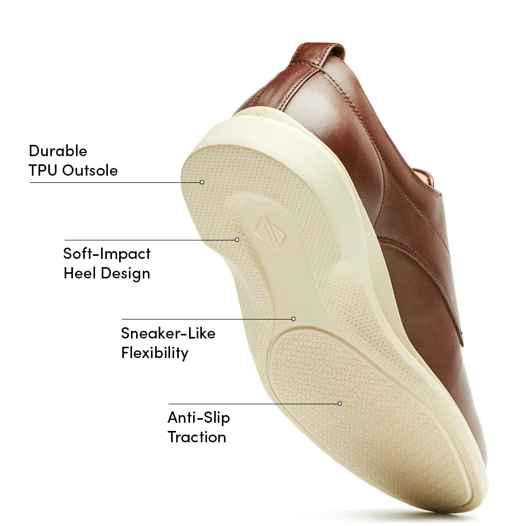 Brown leather shoe with labeled features on a white background