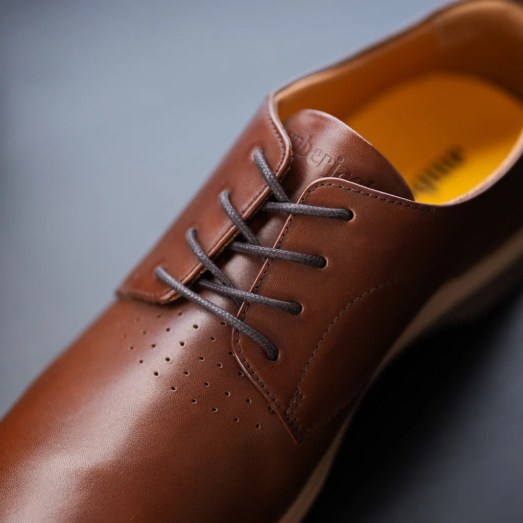 Brown leather shoe with dark laces on a blurred background