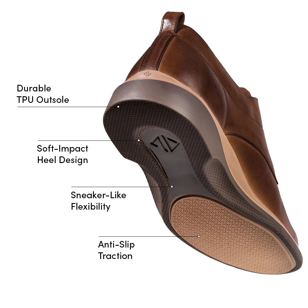 Brown shoe with labeled features on a white background