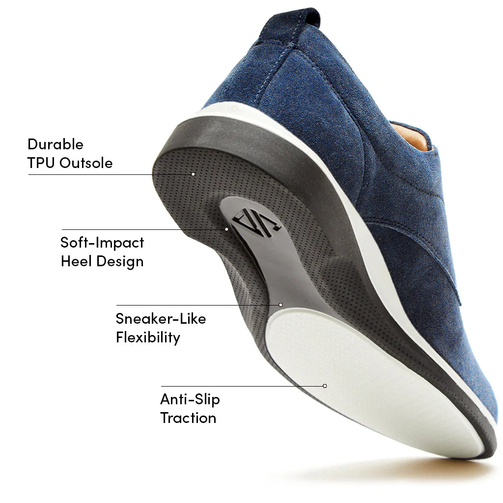 Blue shoe with labeled features on a white background