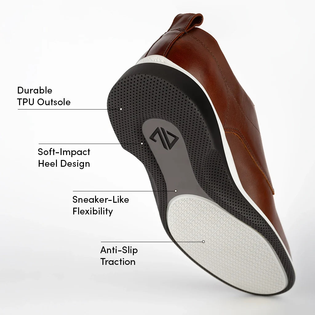 Brown shoe with labeled features on a white background
