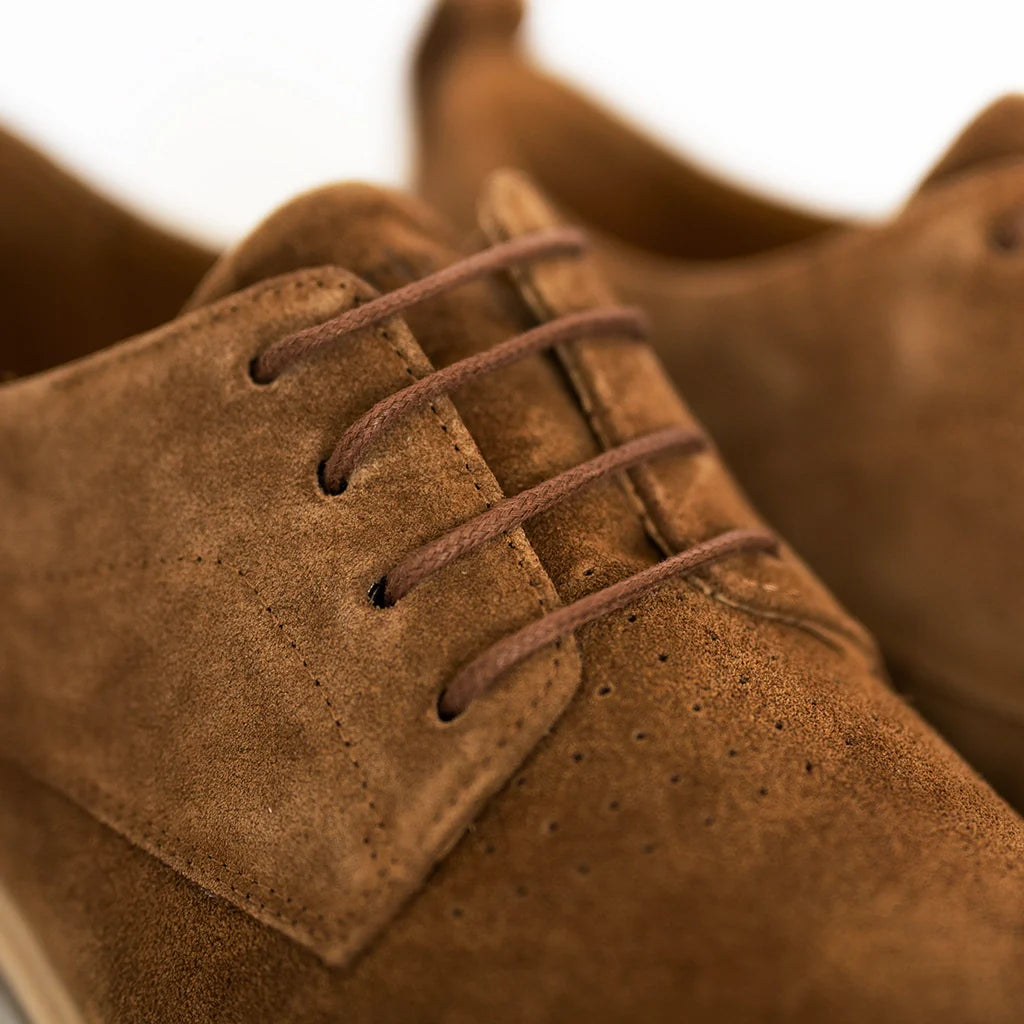 Close-up of brown suede shoes with laces on a blurred background