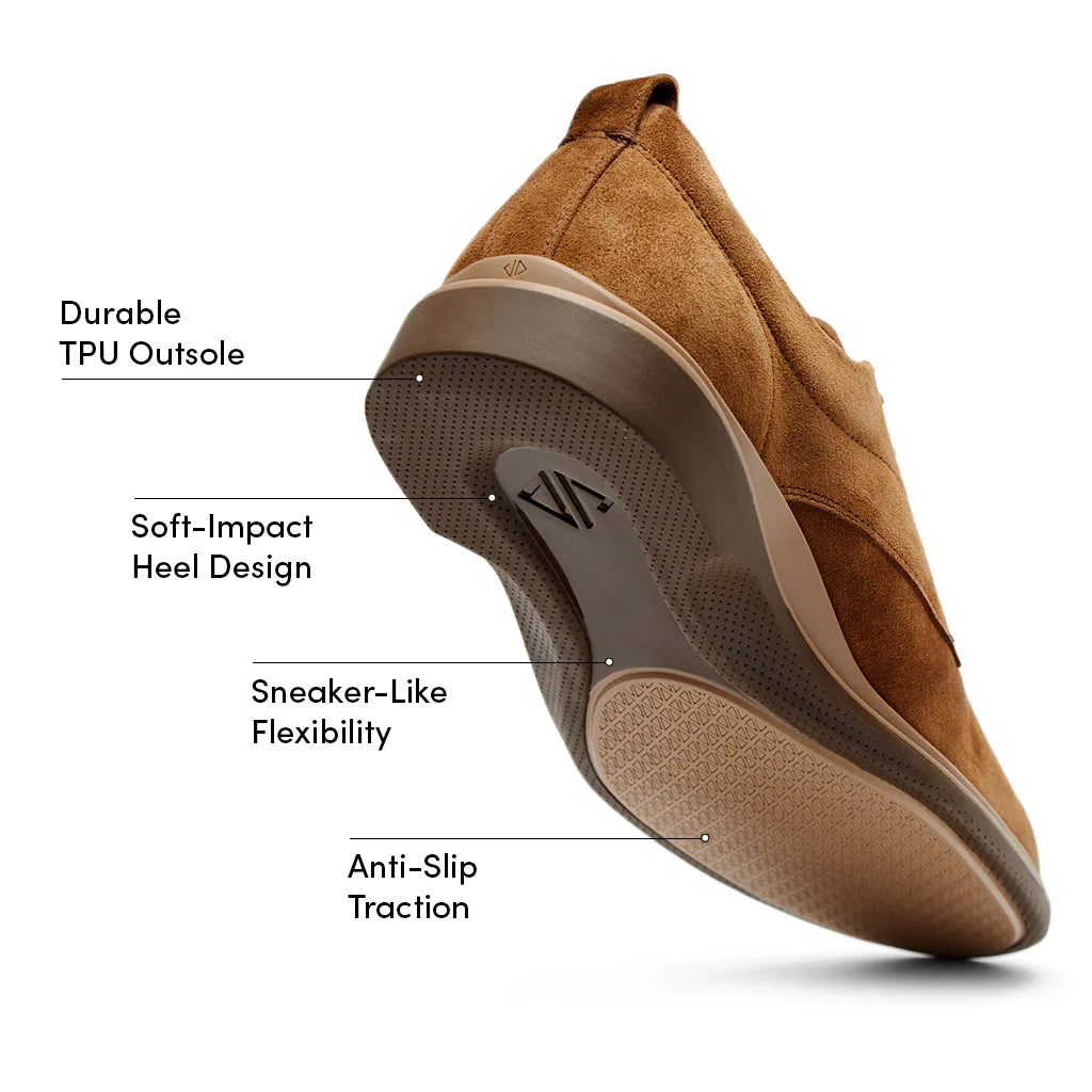 Brown shoe with labeled features on a white background