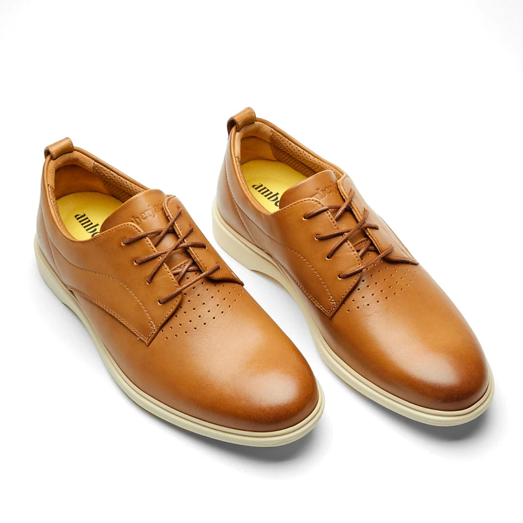 Pair of brown leather shoes on a white background