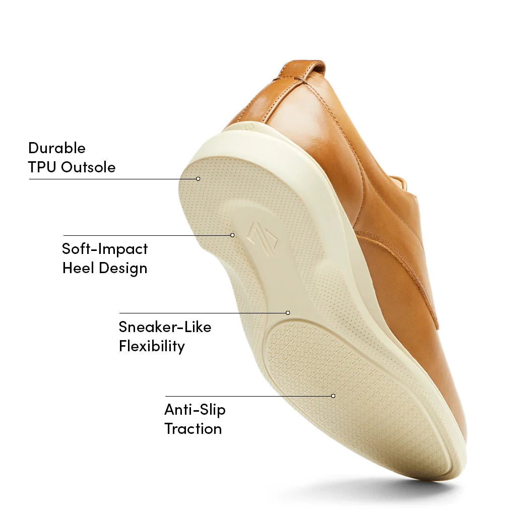 Brown shoe with labeled features on a white background