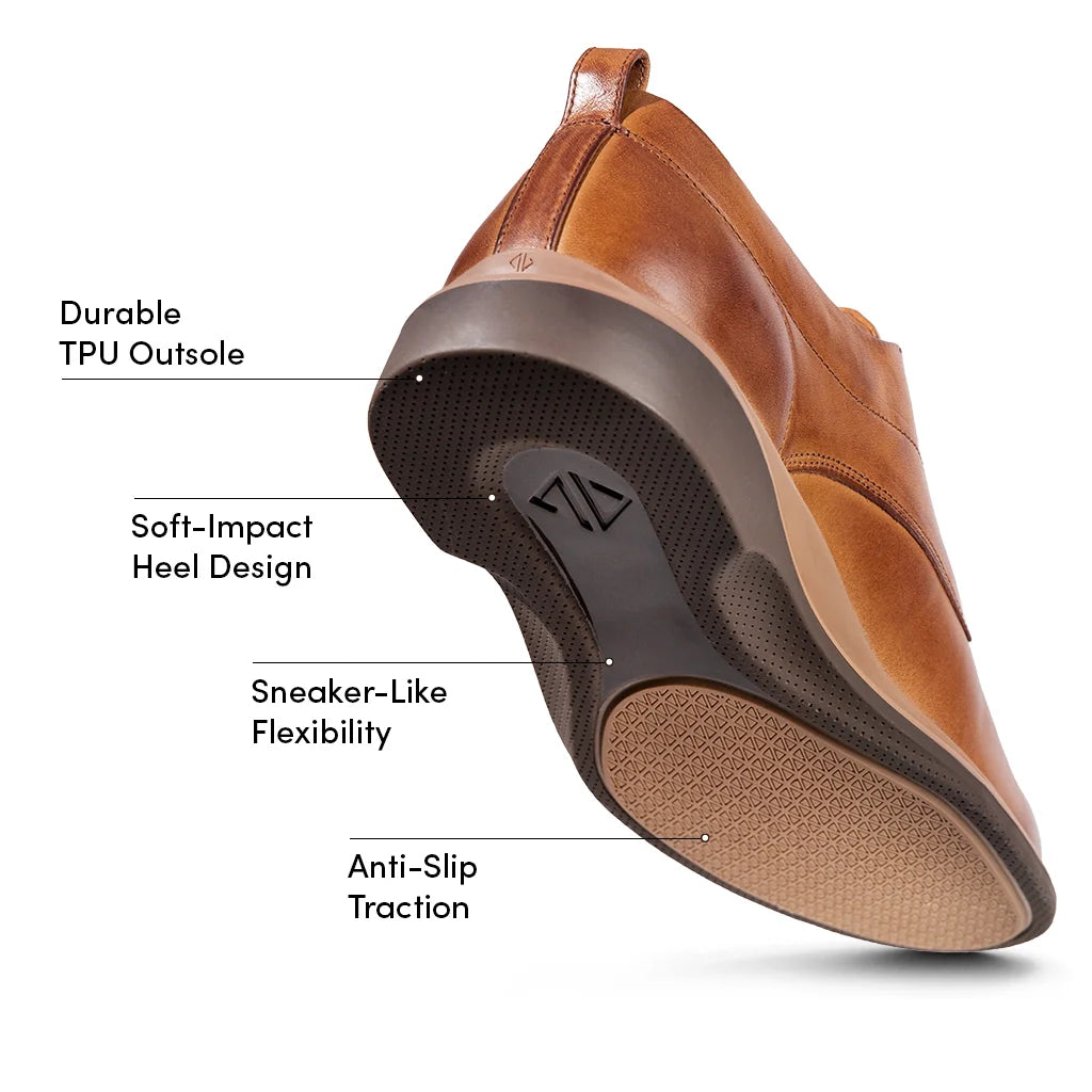 Brown shoe with labeled features on a white background