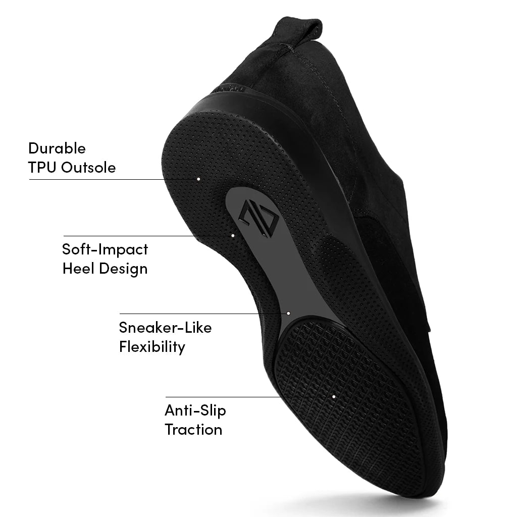 Black shoe with labeled features on a white background