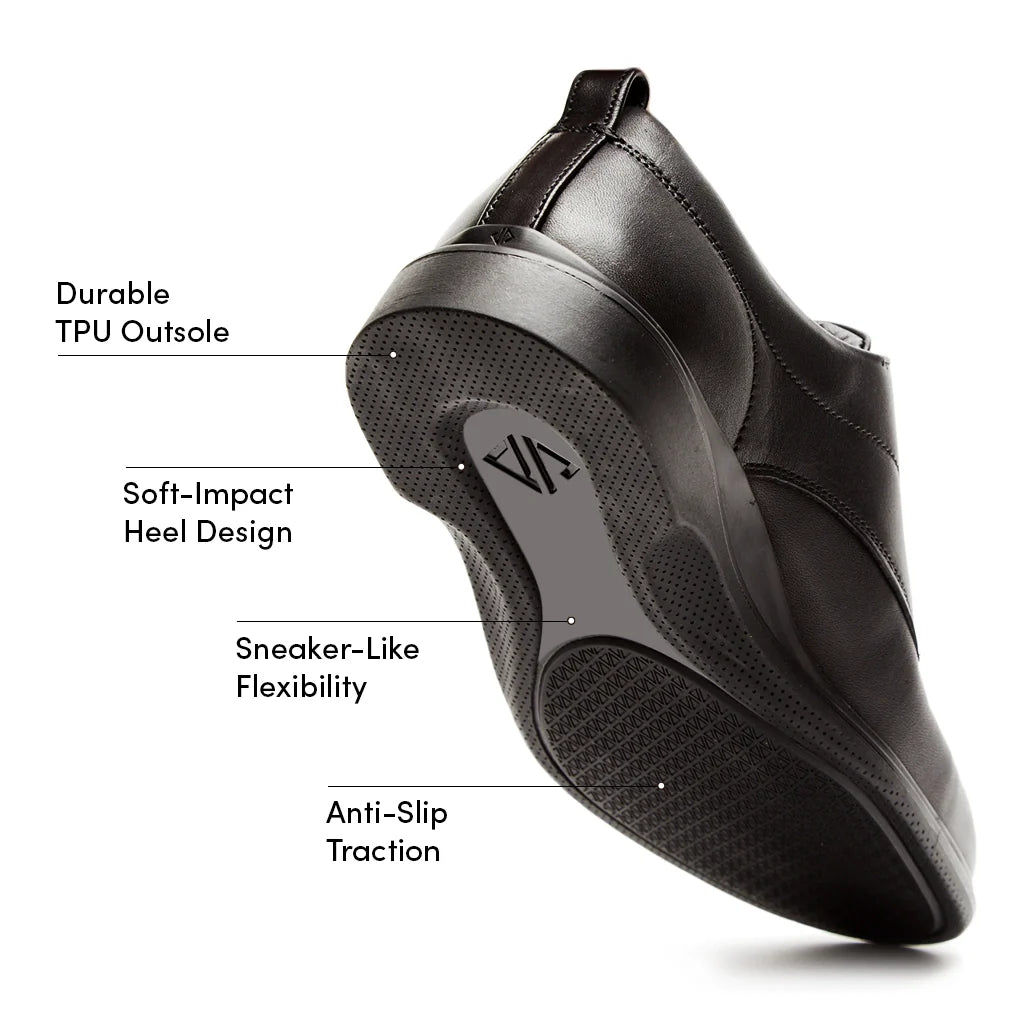 Black shoe with labeled features on a white background