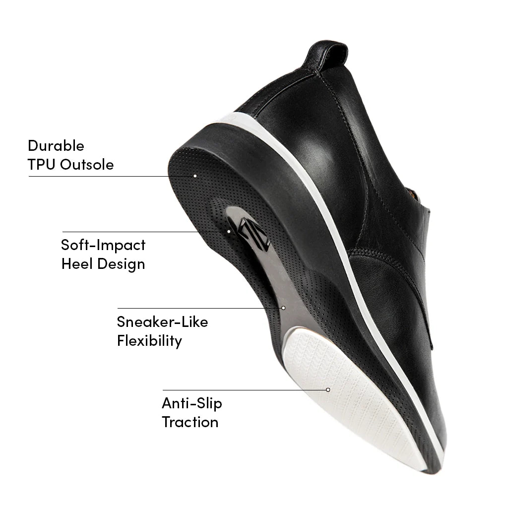 Black shoe with labeled features on a white background
