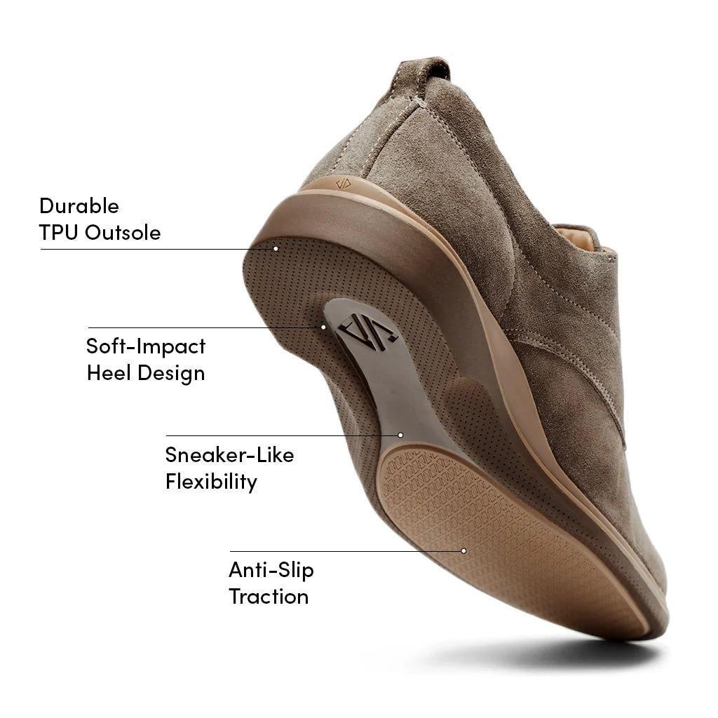 Brown shoe with labeled features on a white background
