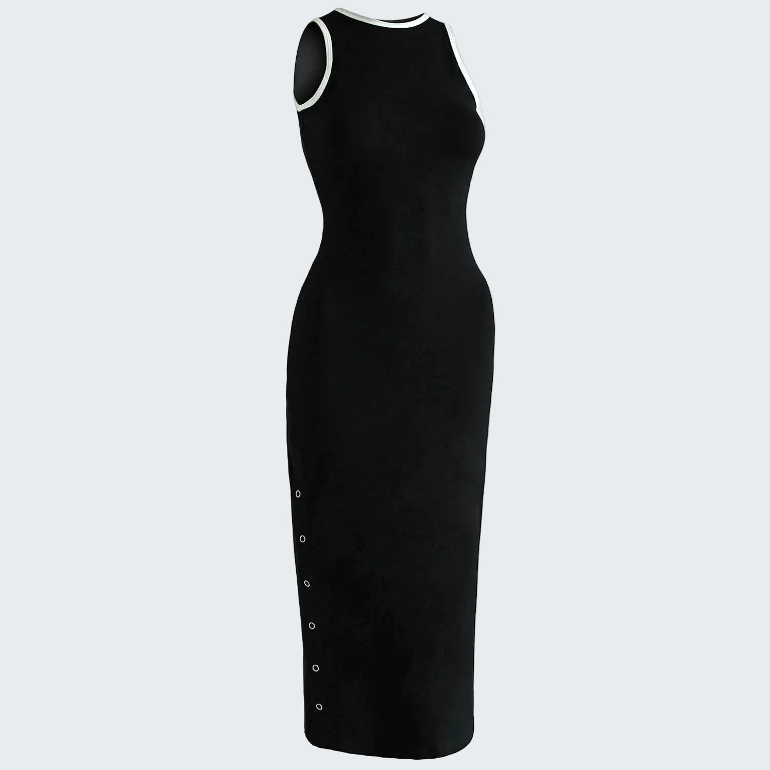 Black sleeveless dress with button details on a white background