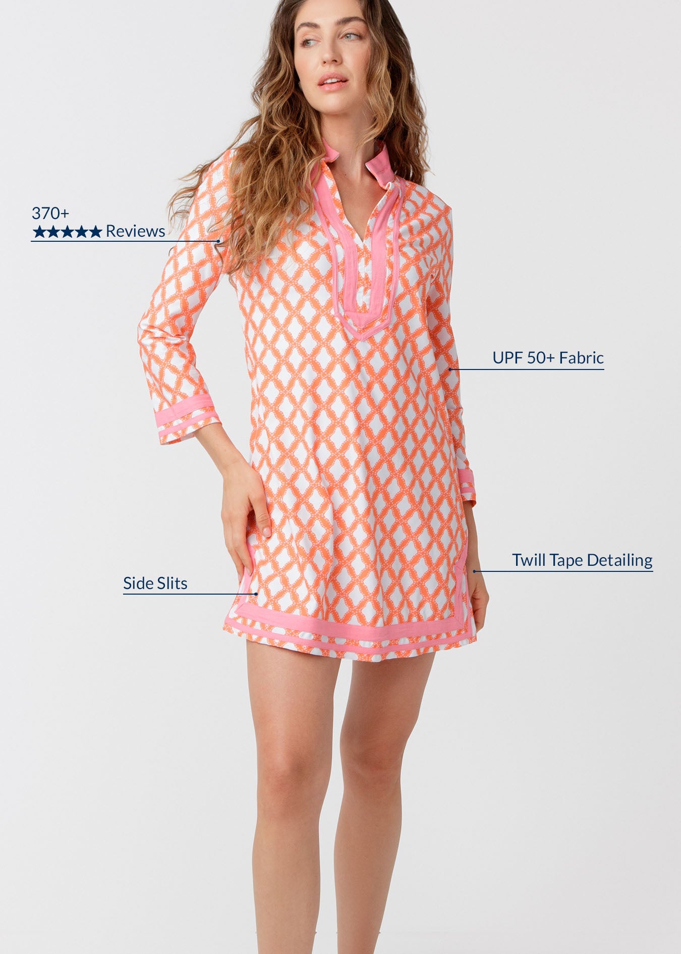 Woman wearing a patterned dress with text highlighting features on a white background