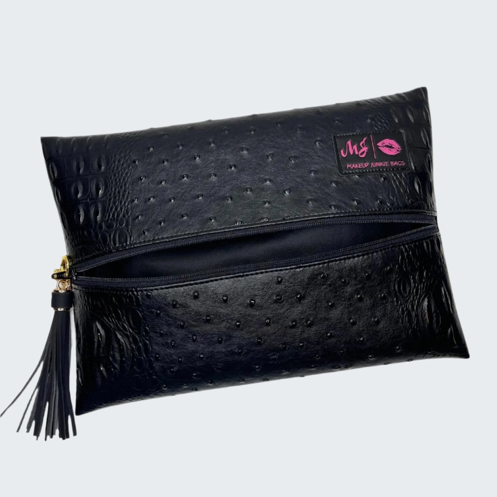 Black textured clutch bag with a visible brand logo on a white background