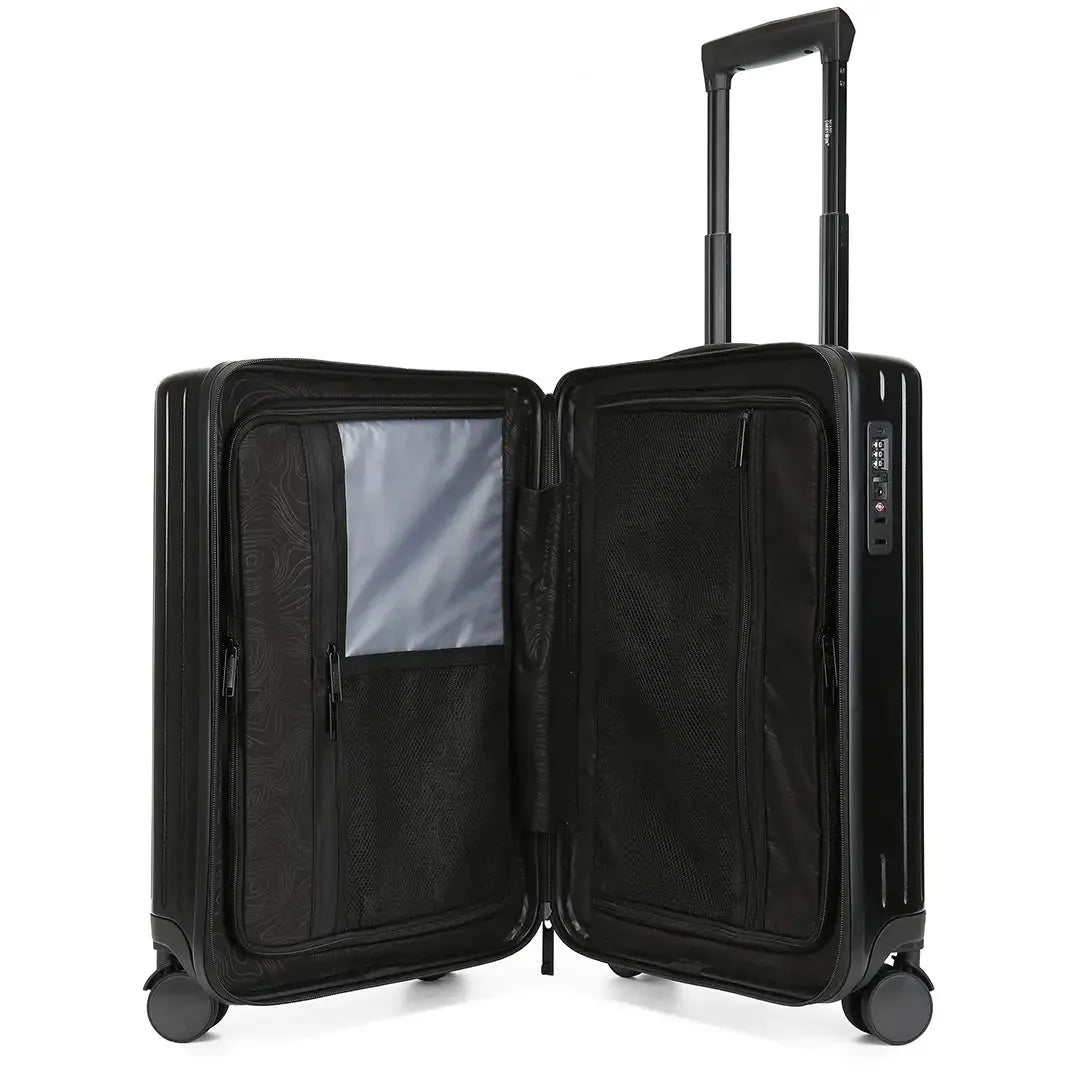 Black suitcase with open front compartment on a white background