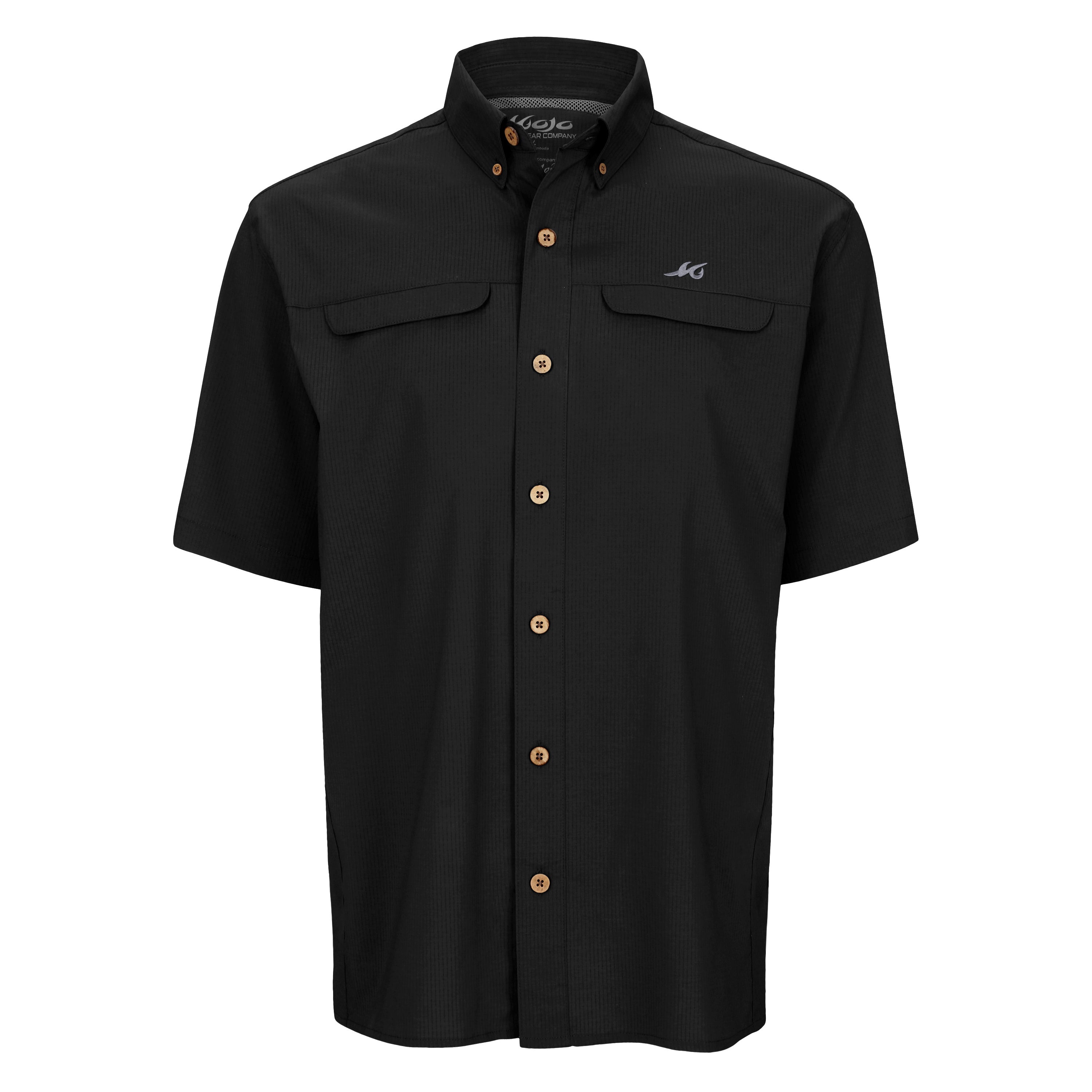 Black short-sleeve shirt with button details on a white background