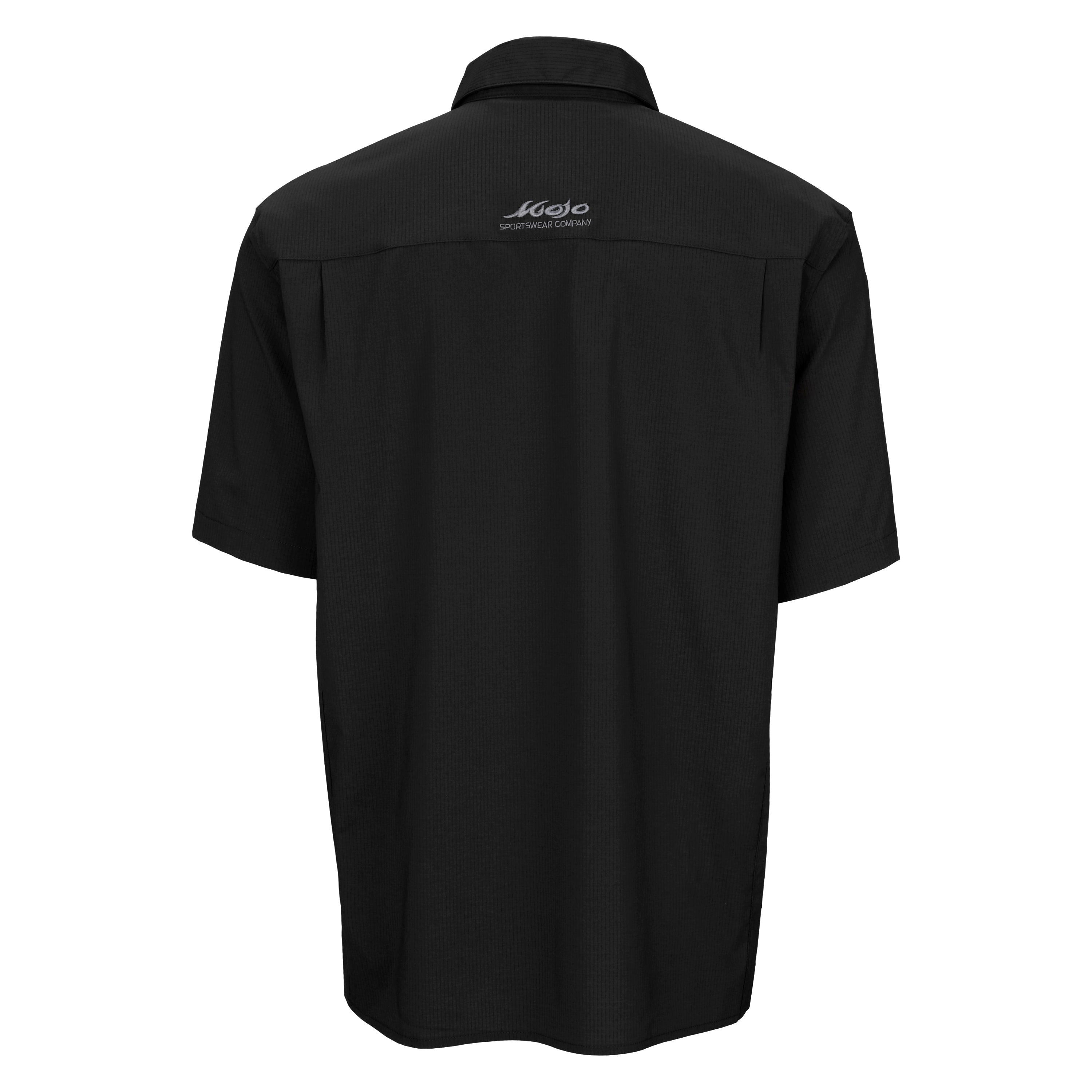 Black shirt with a brand logo on the back against a white background