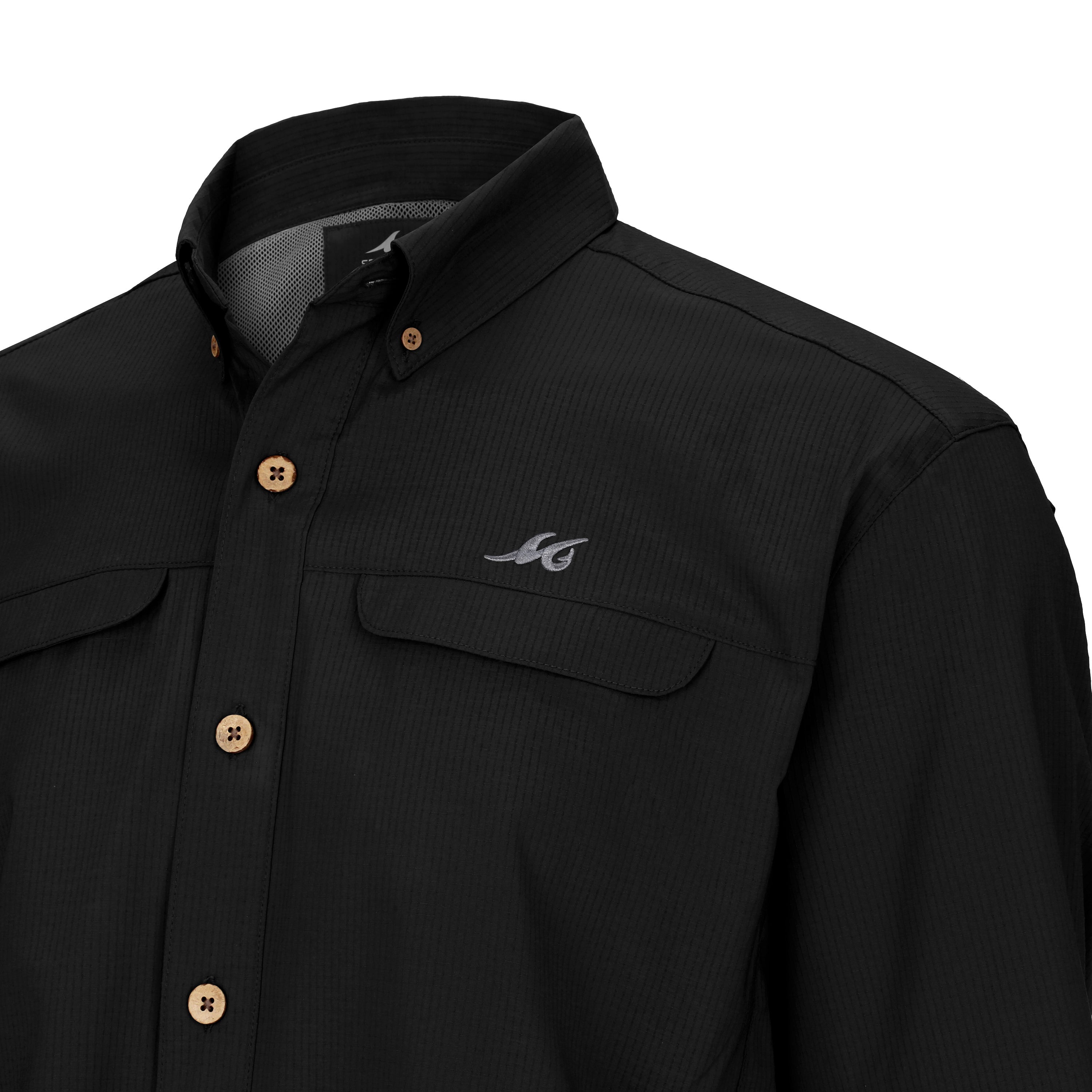 Black shirt with button details and a logo on a white background