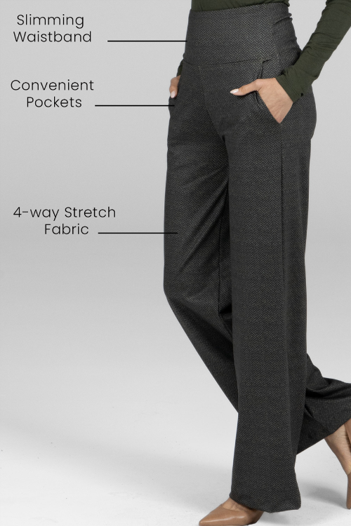 Dark gray pants with text labels on a white background