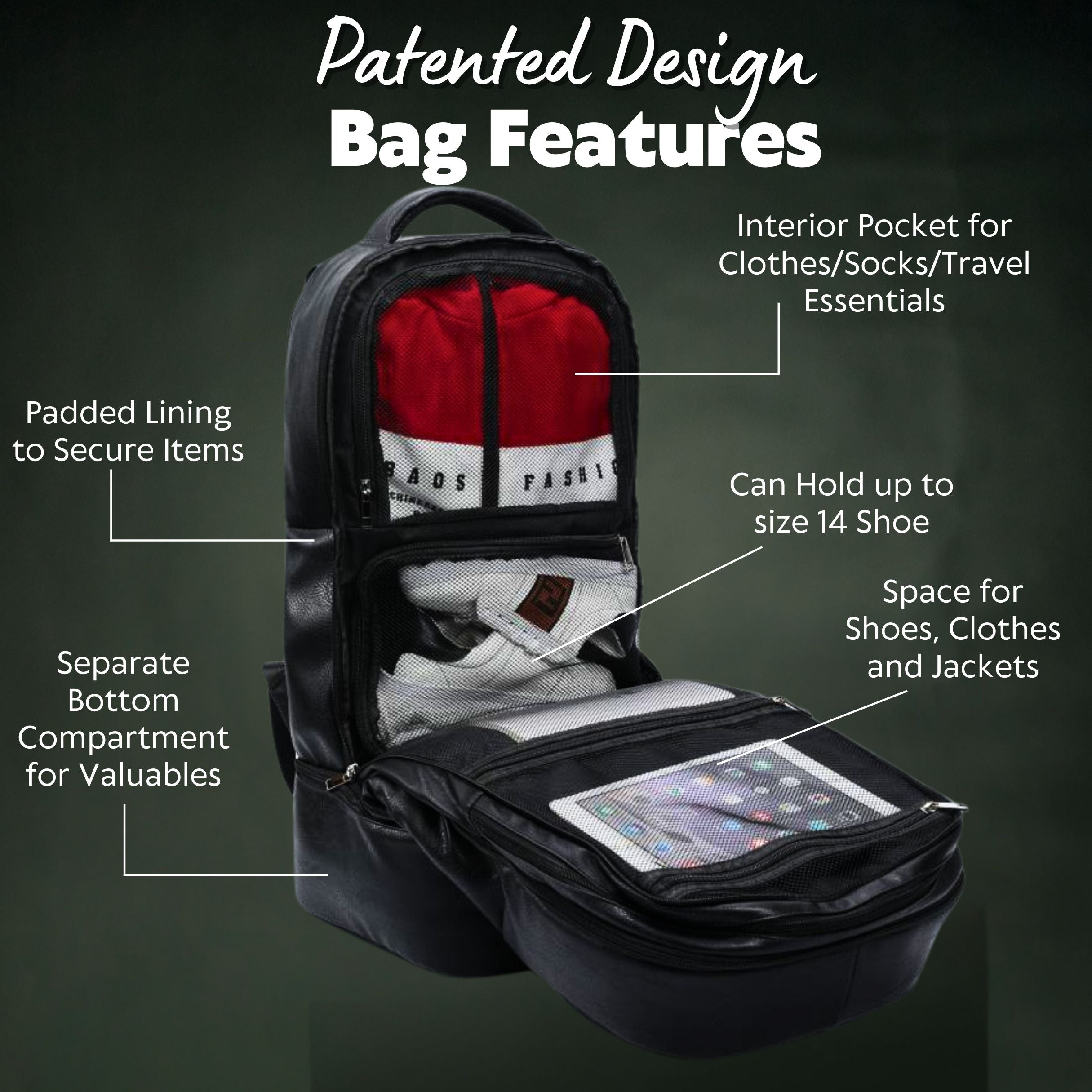 Black backpack with labeled features on a dark background