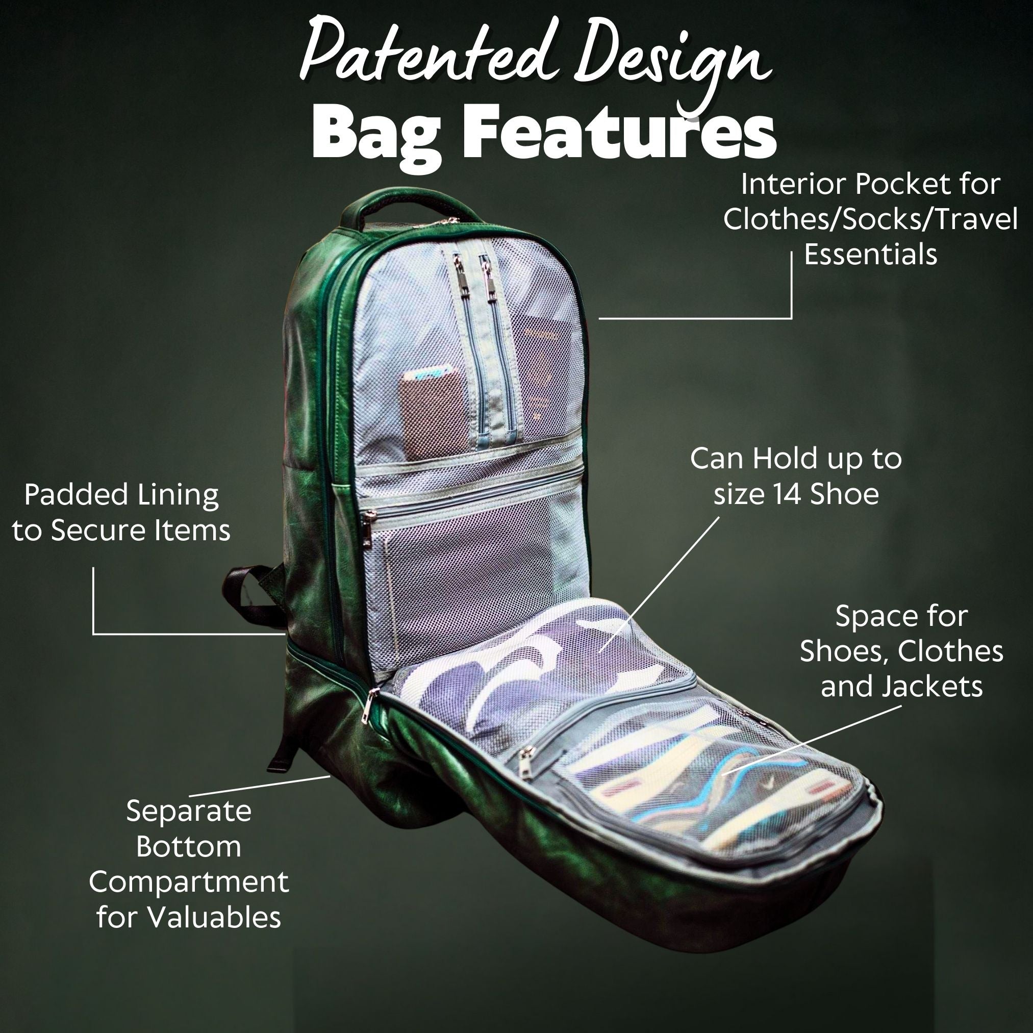 Green backpack with labeled features on a dark background