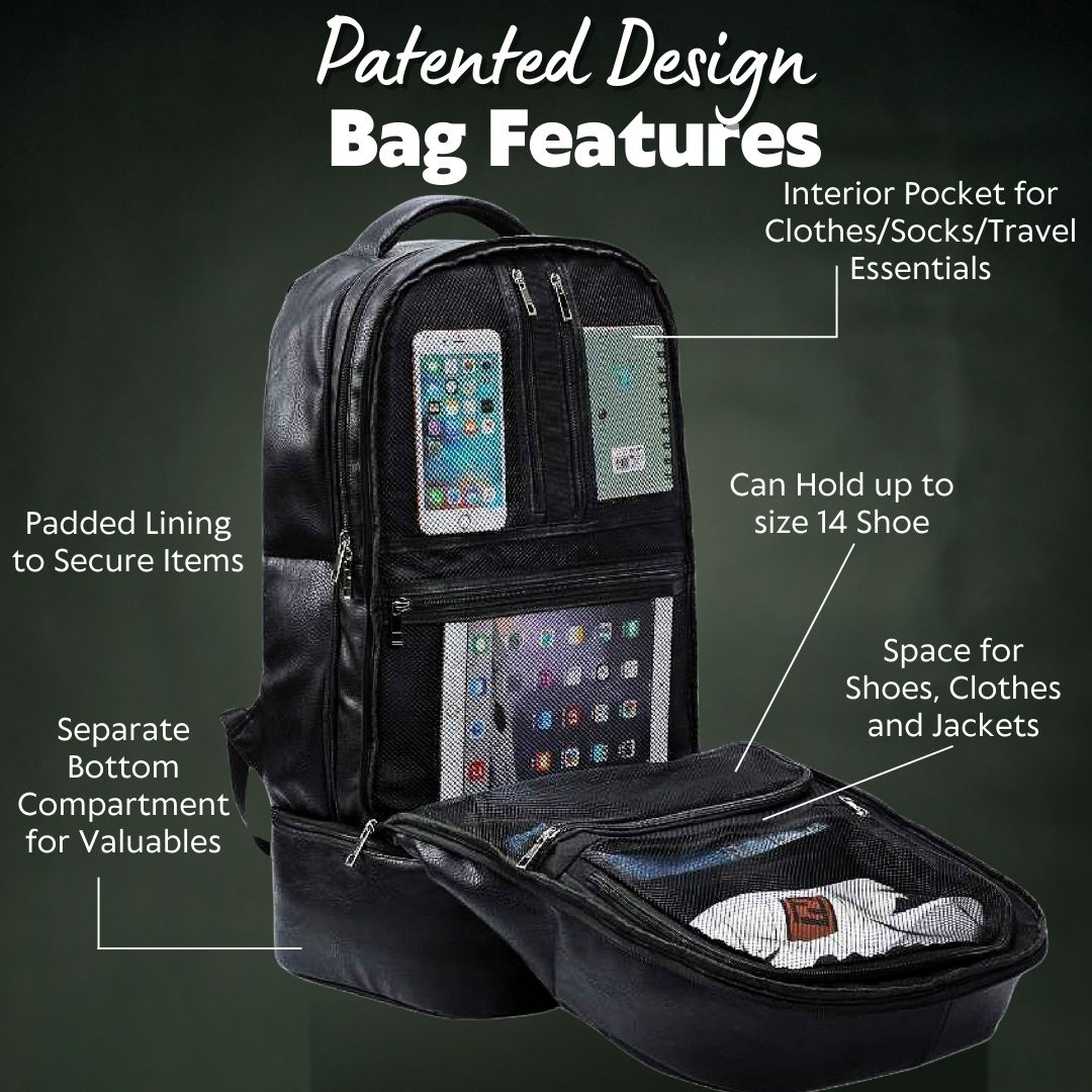 Black backpack with labeled features on a dark background