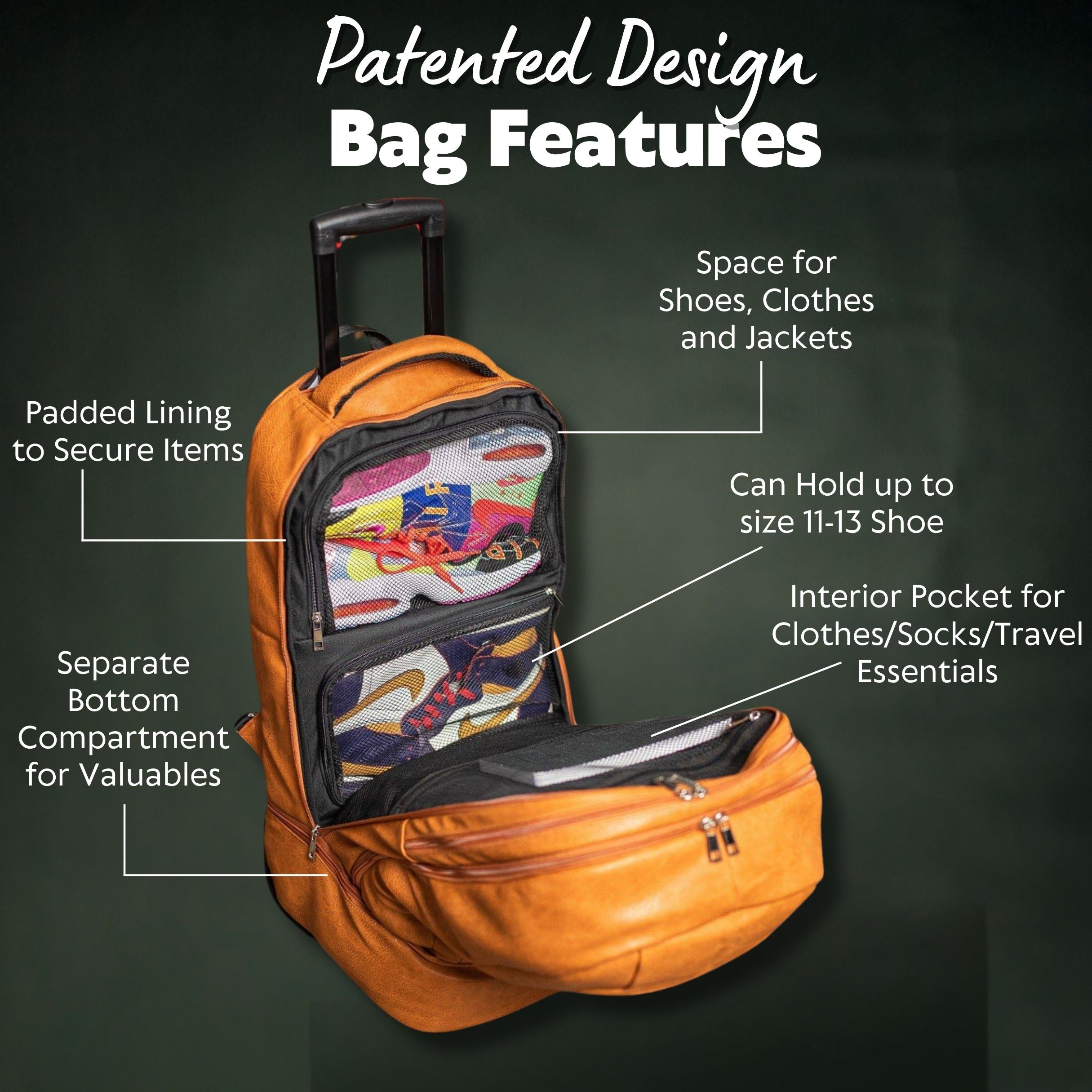 Orange backpack with labeled features on a dark background