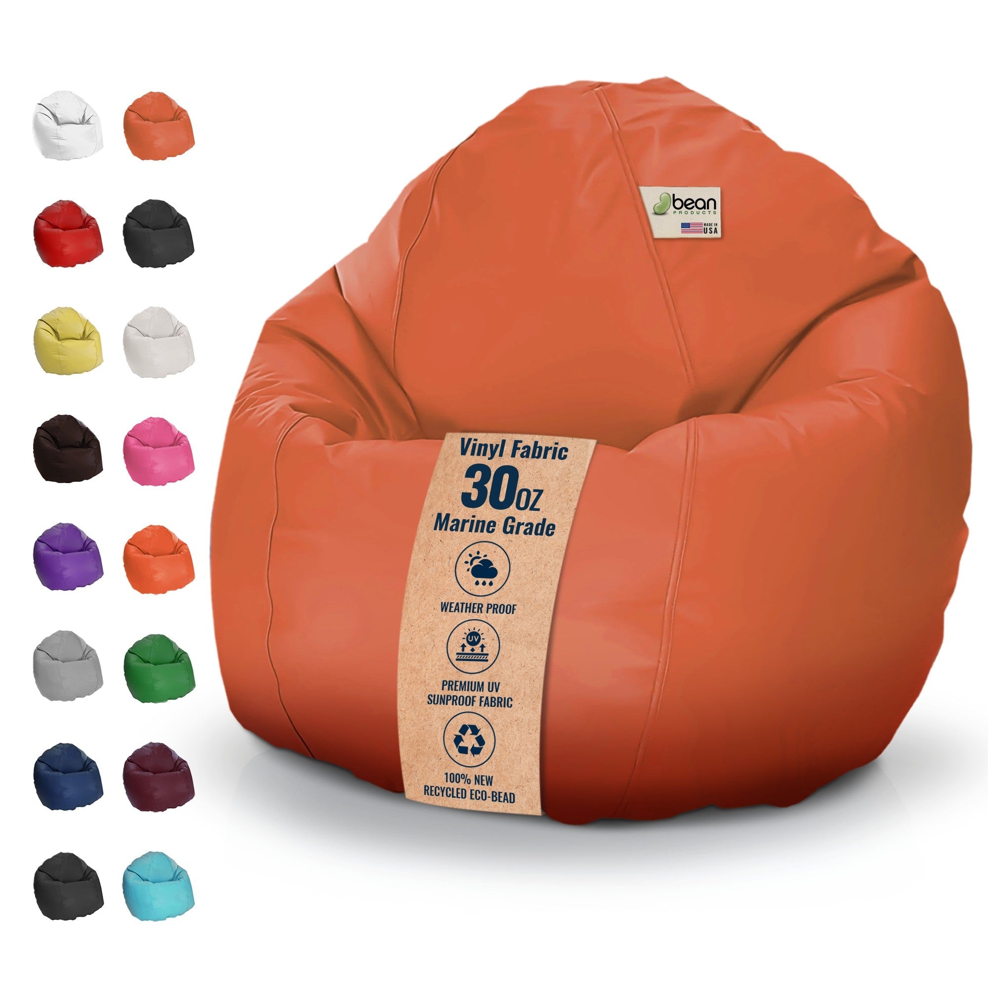 Orange bean bag chair with vinyl fabric and multiple color options displayed on a white background.