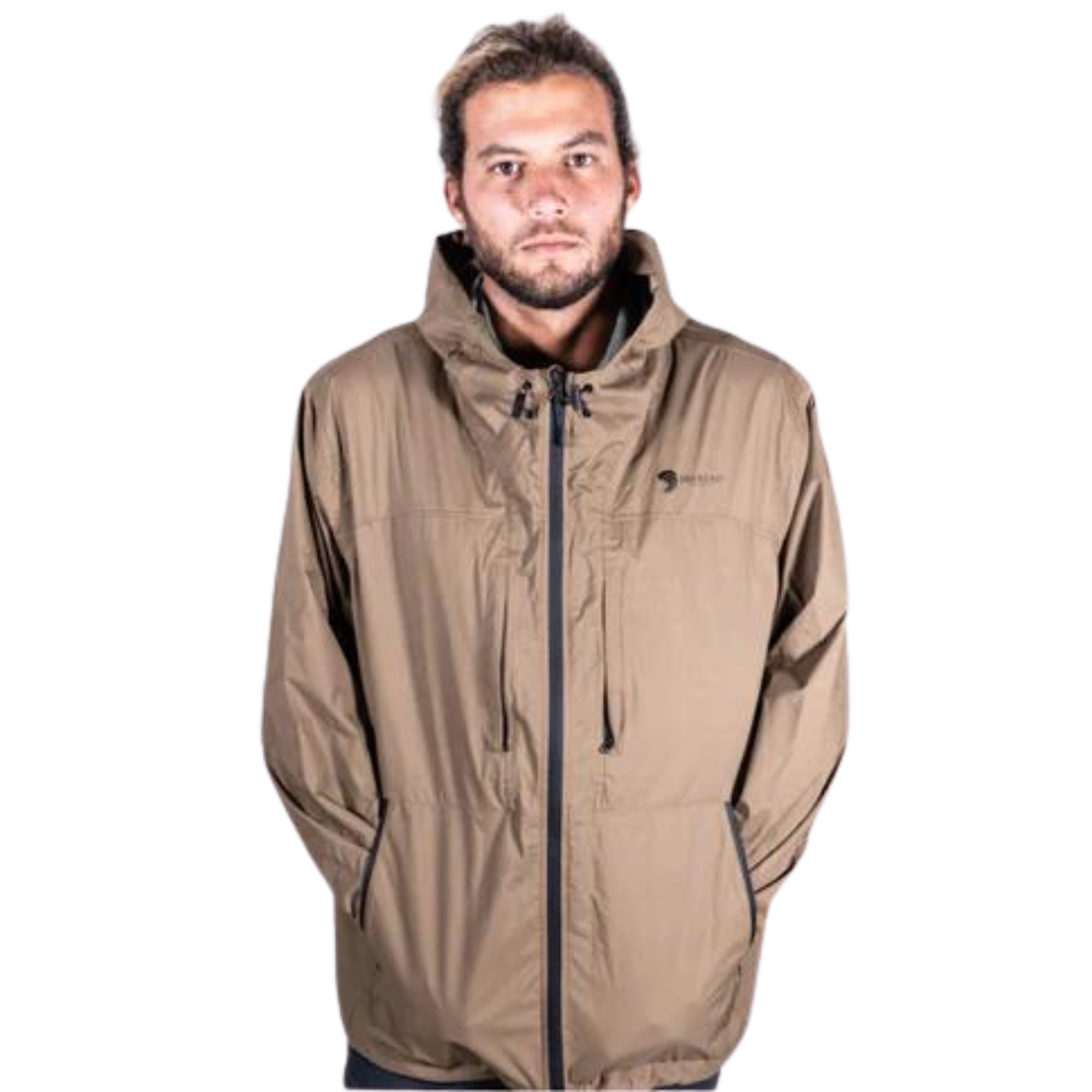 Man wearing a brown jacket with a hood on a white background