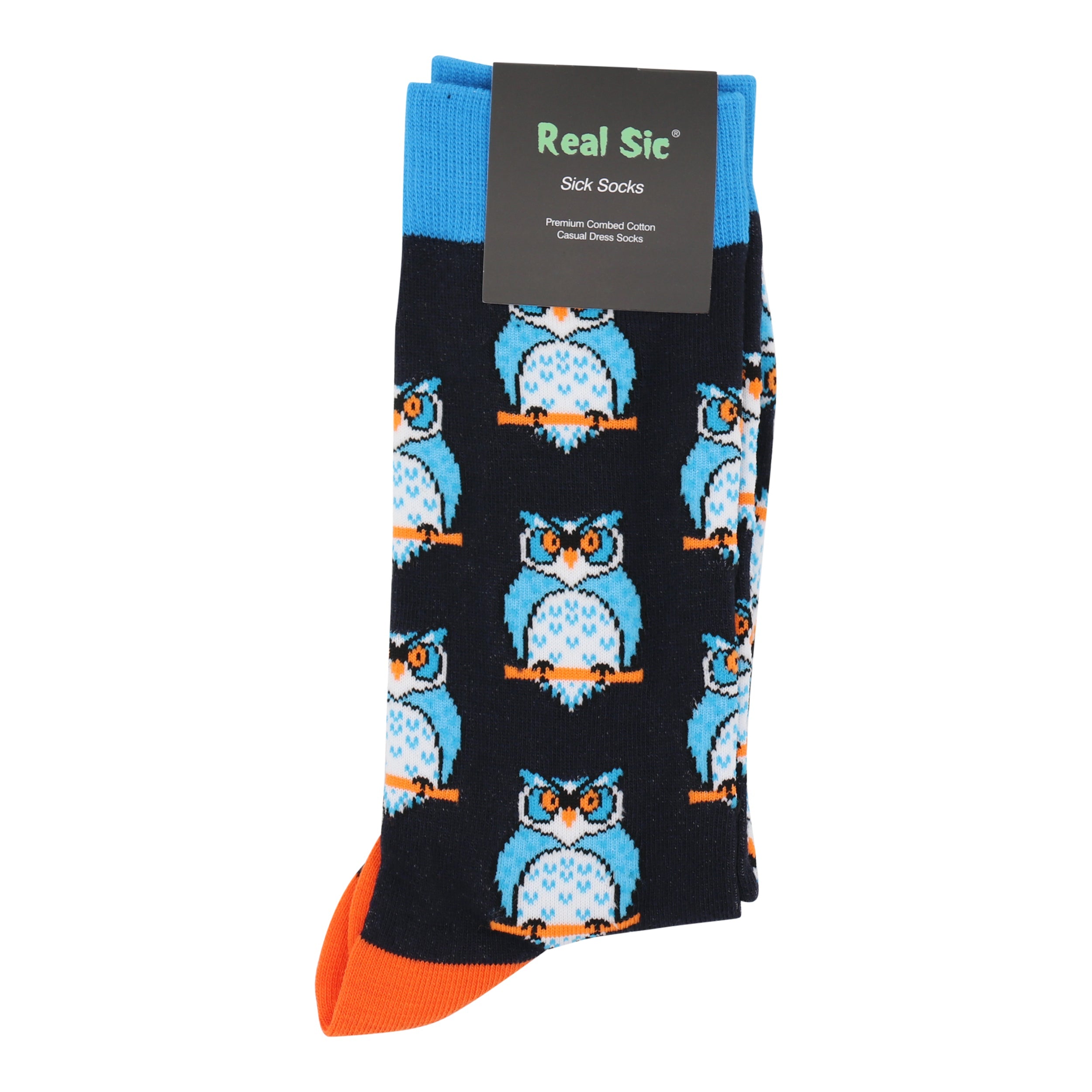 Black sock with blue owl pattern and orange accents, featuring 'Real Sic' brand on a white background.