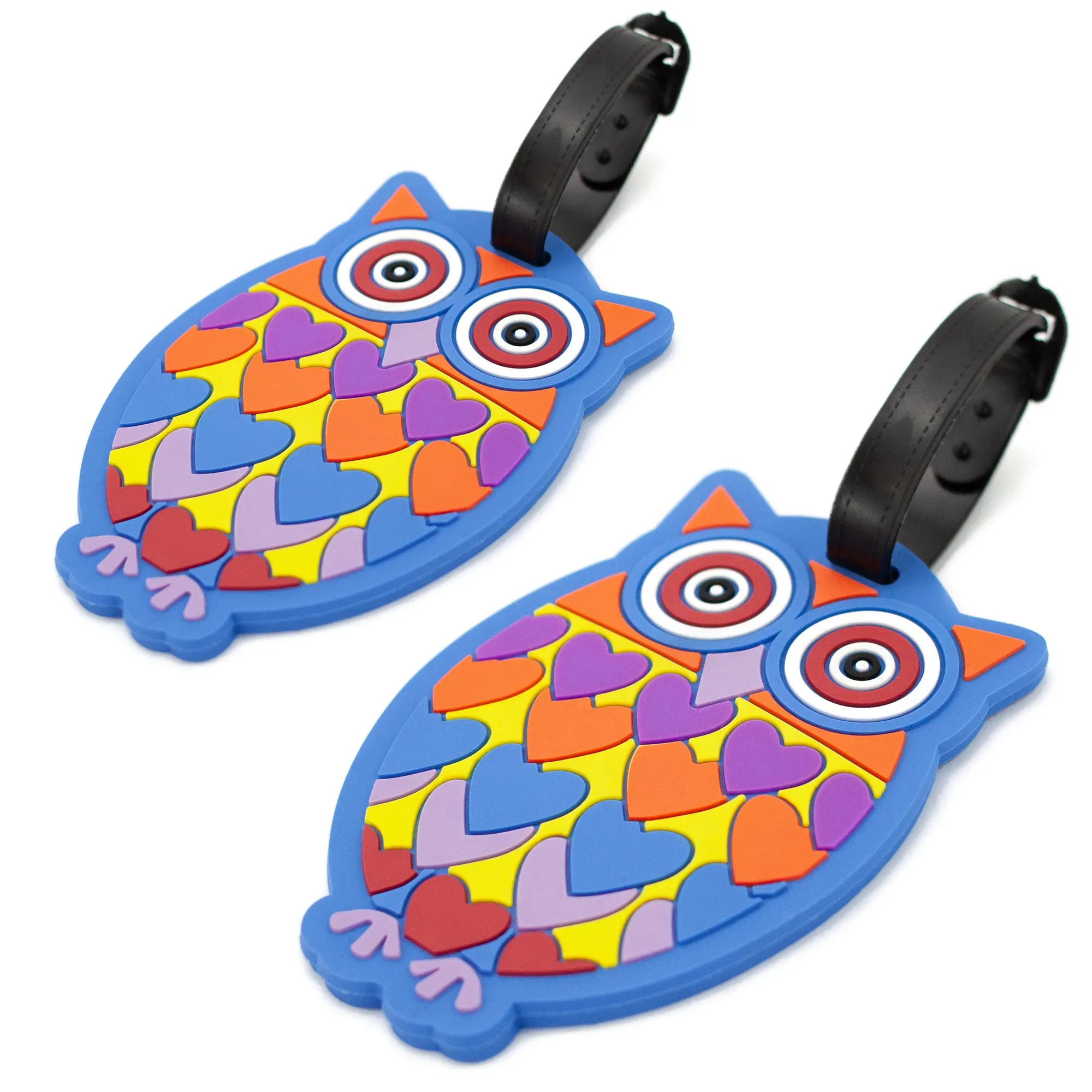 Two colorful owl-shaped luggage tags with heart patterns on a white background