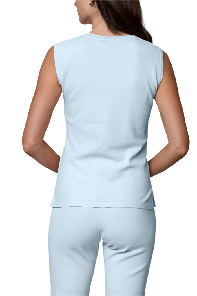 Light blue sleeveless top and pants set on a white background