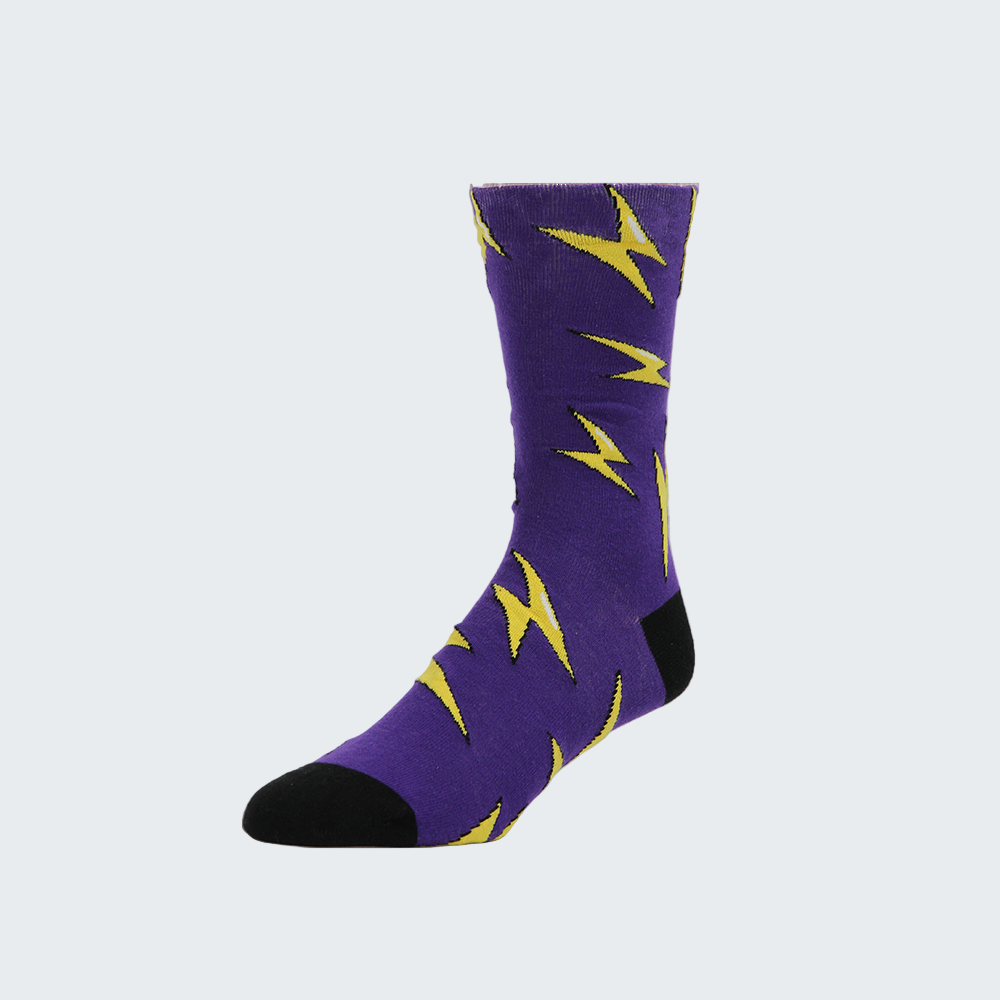 Purple sock with yellow lightning bolt patterns on a white background