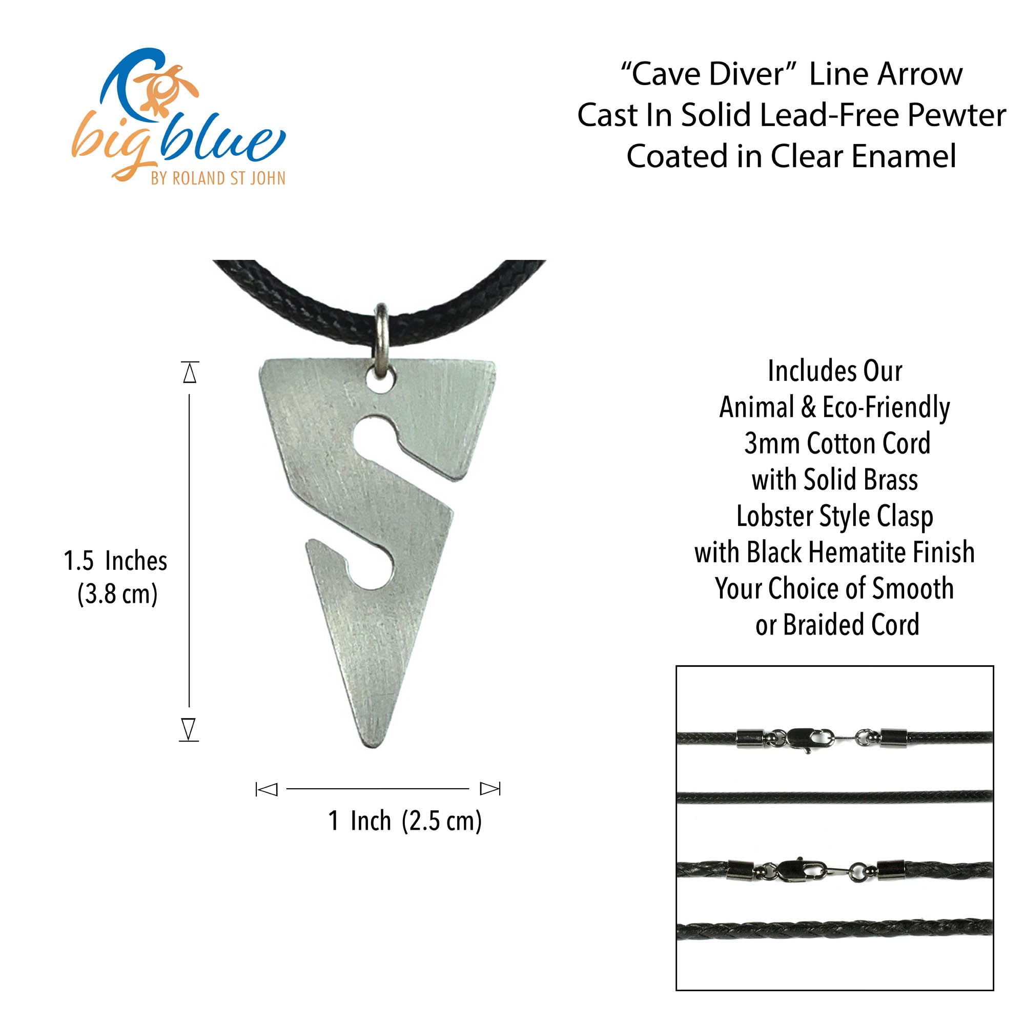 Cave Diver line arrow pendant with black cord and measurement details on a white background