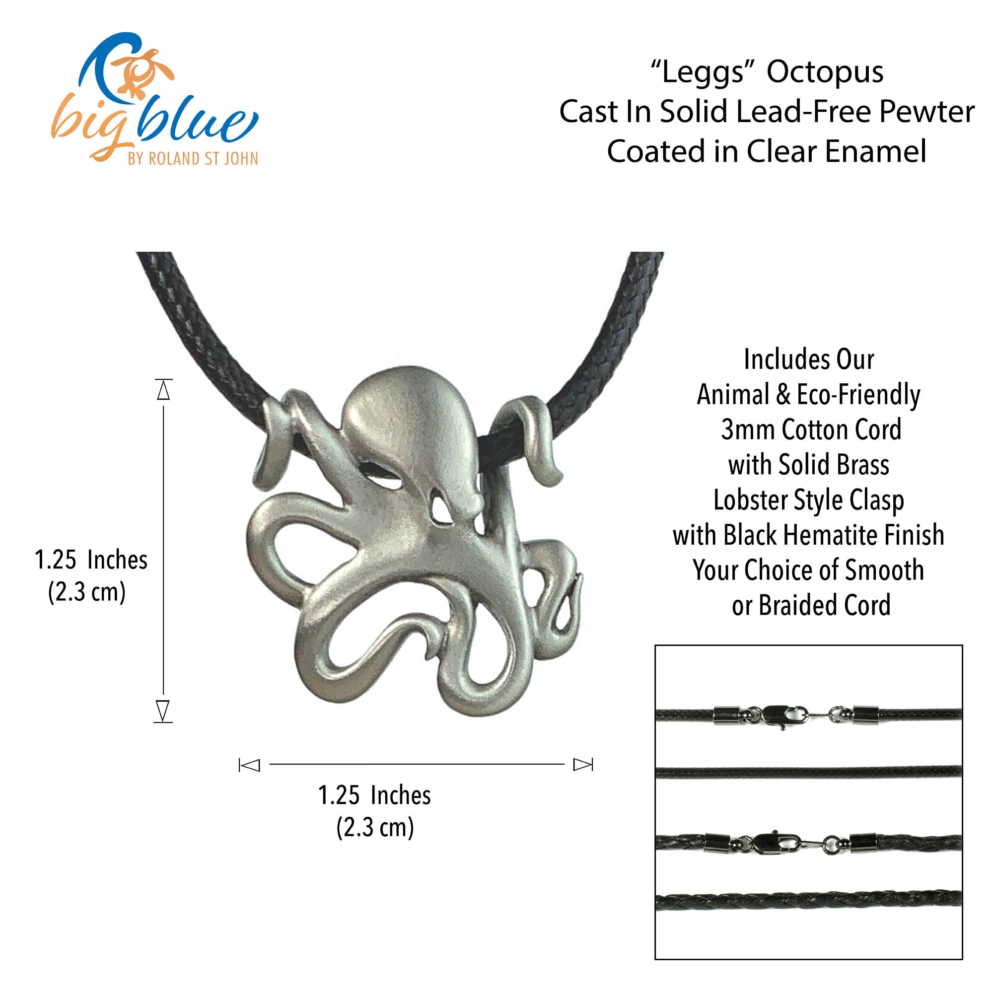 Silver octopus pendant necklace with product details on a white background