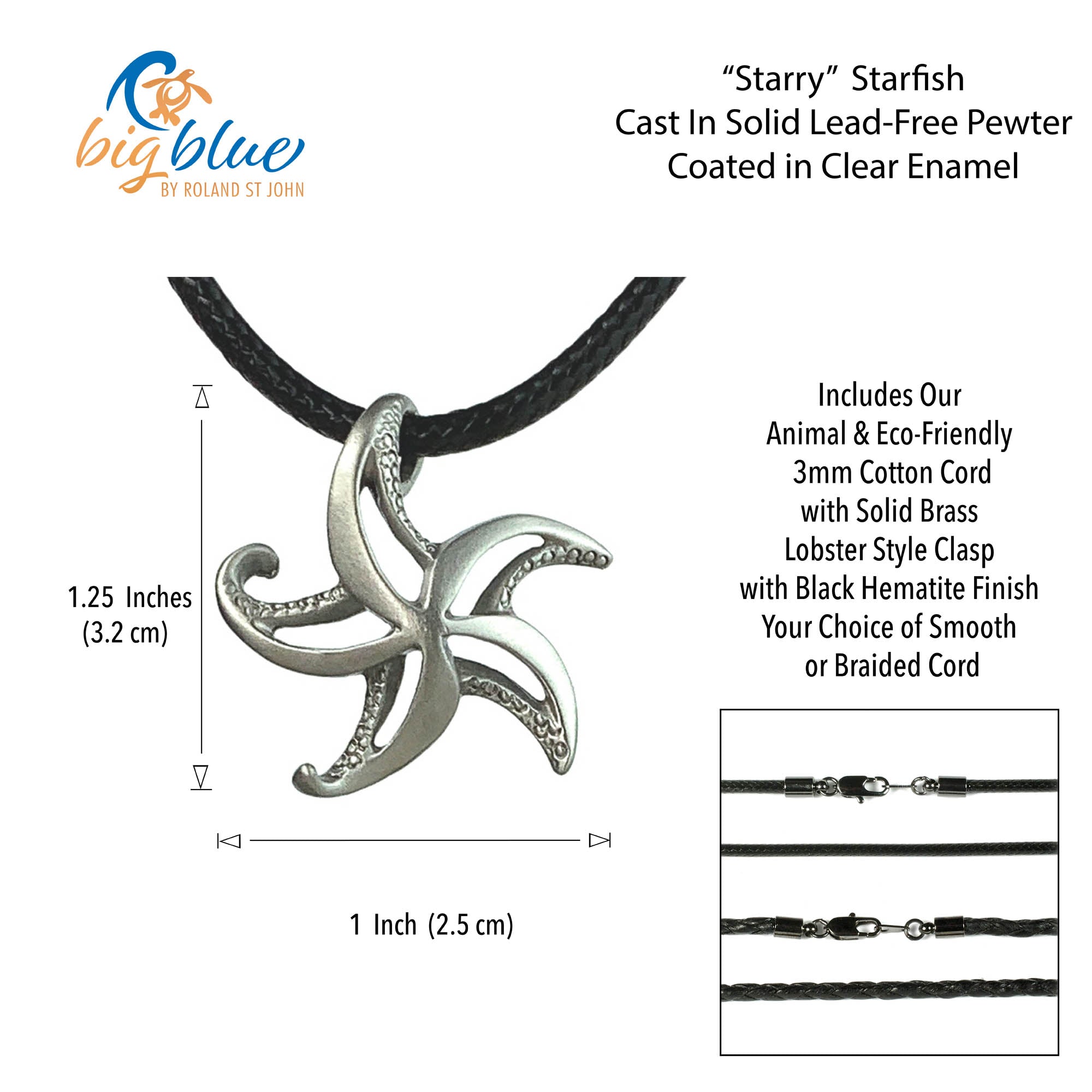 Starfish pendant necklace with measurement details and Big Blue branding.