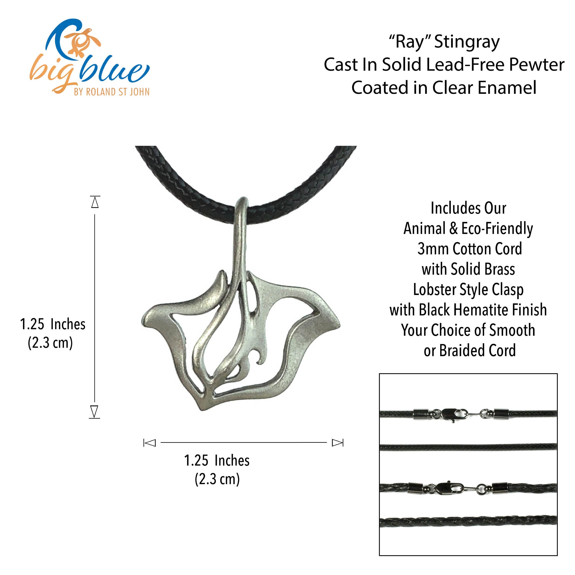 Ray stingray pendant necklace with measurements and cord options on a white background