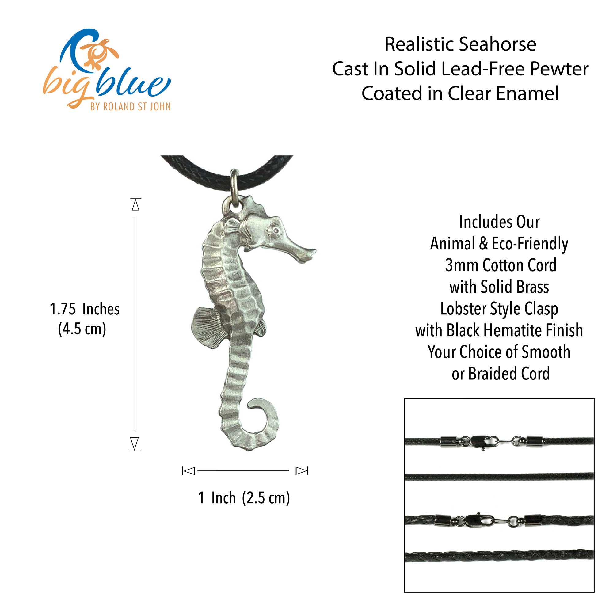 Seahorse pendant with measurement details and Big Blue branding