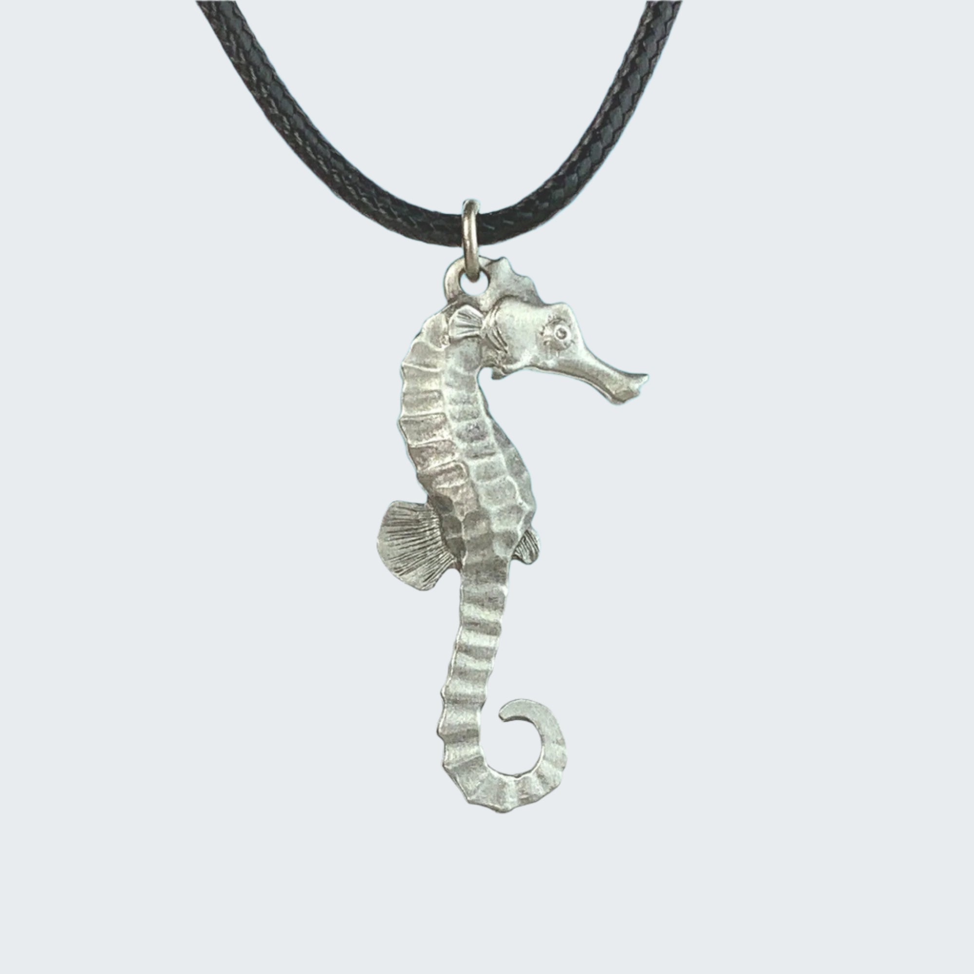 Silver seahorse pendant on a black cord against a beach background