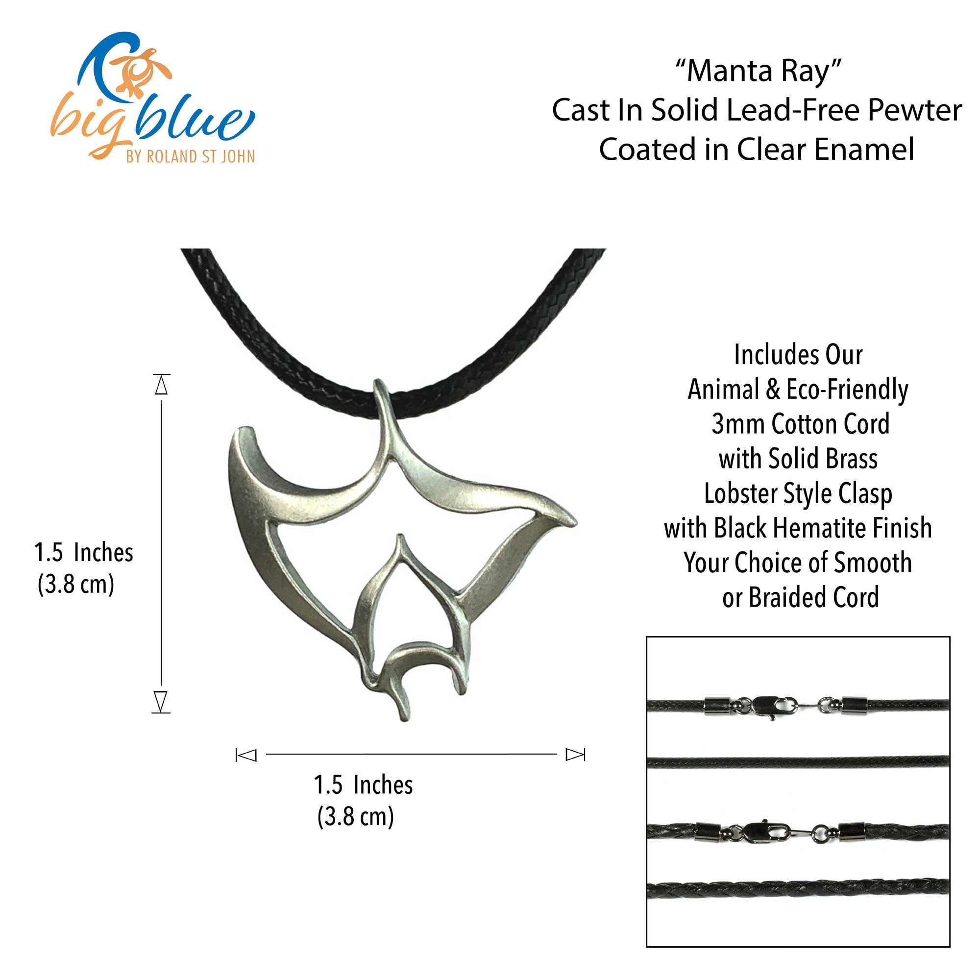Manta Ray Necklace Pewter Pendant