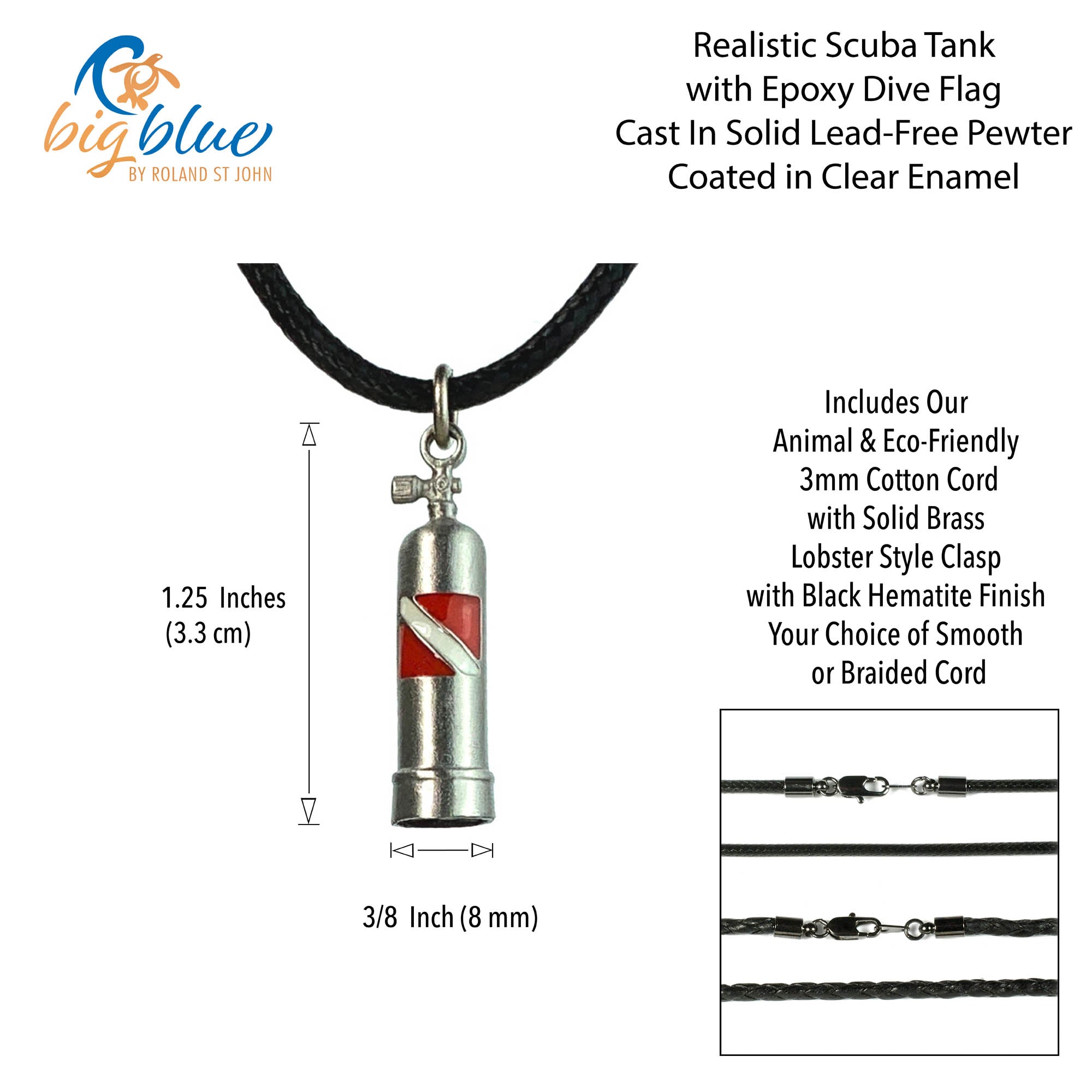 Scuba tank pendant necklace with epoxy dive flag on a white background, featuring Big Blue brand.