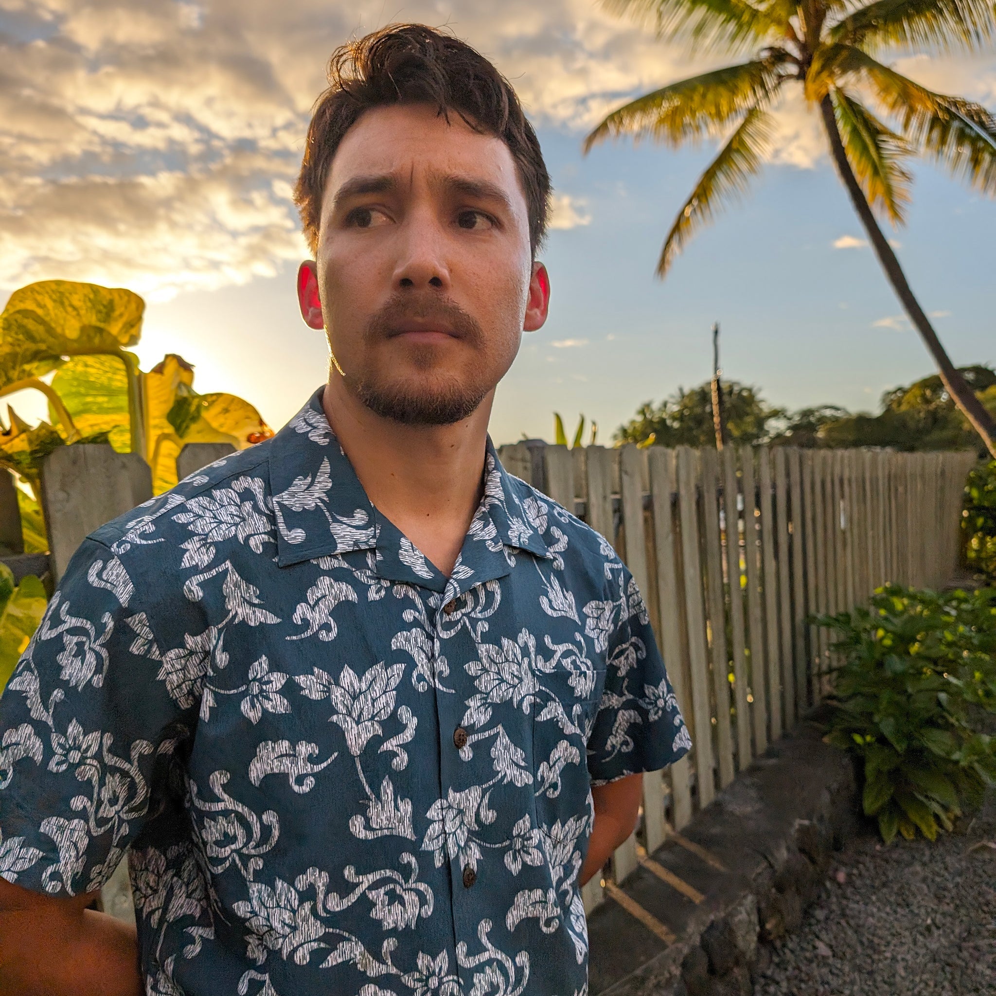 Man wearing a blue floral shirt standing outdoors with palm trees and a sunset sky.
