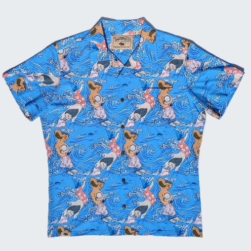 Blue patterned shirt with a brand label on a white background