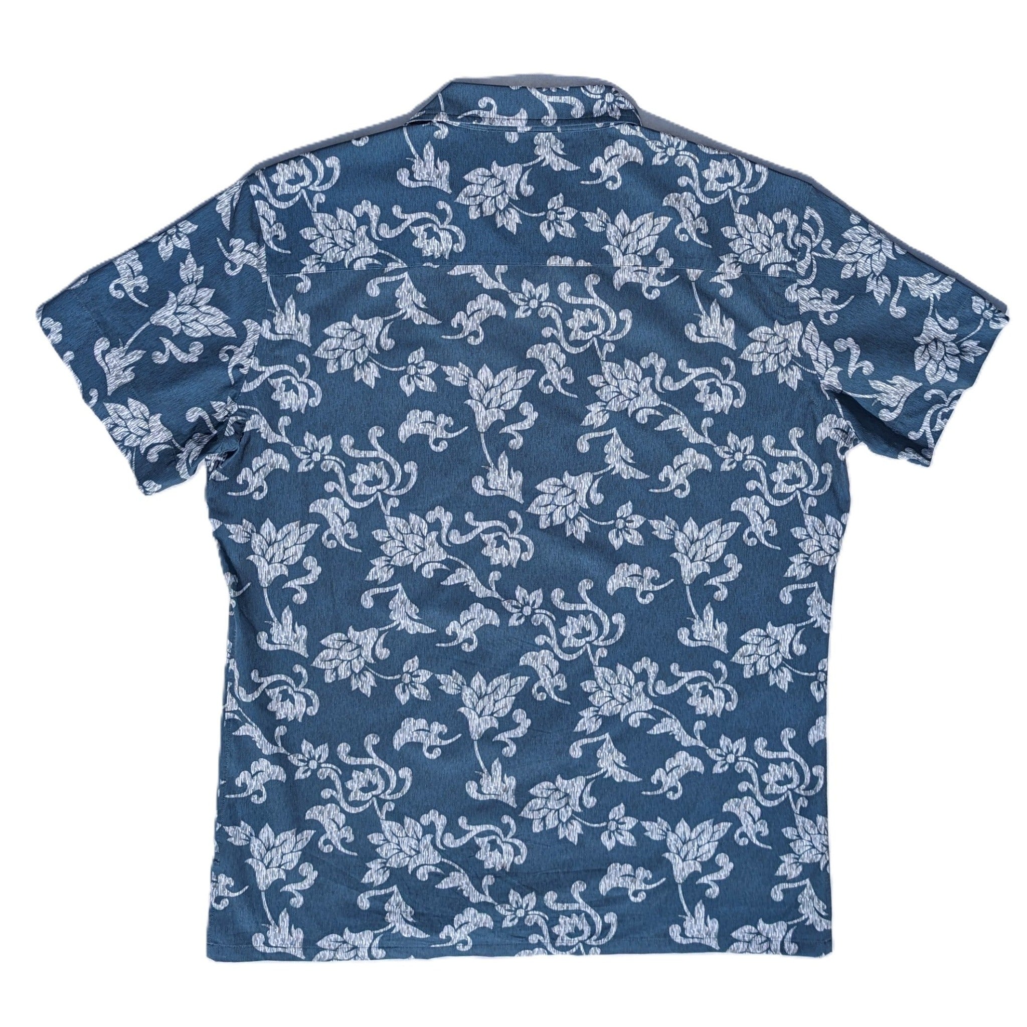 Blue shirt with white floral pattern on a white background