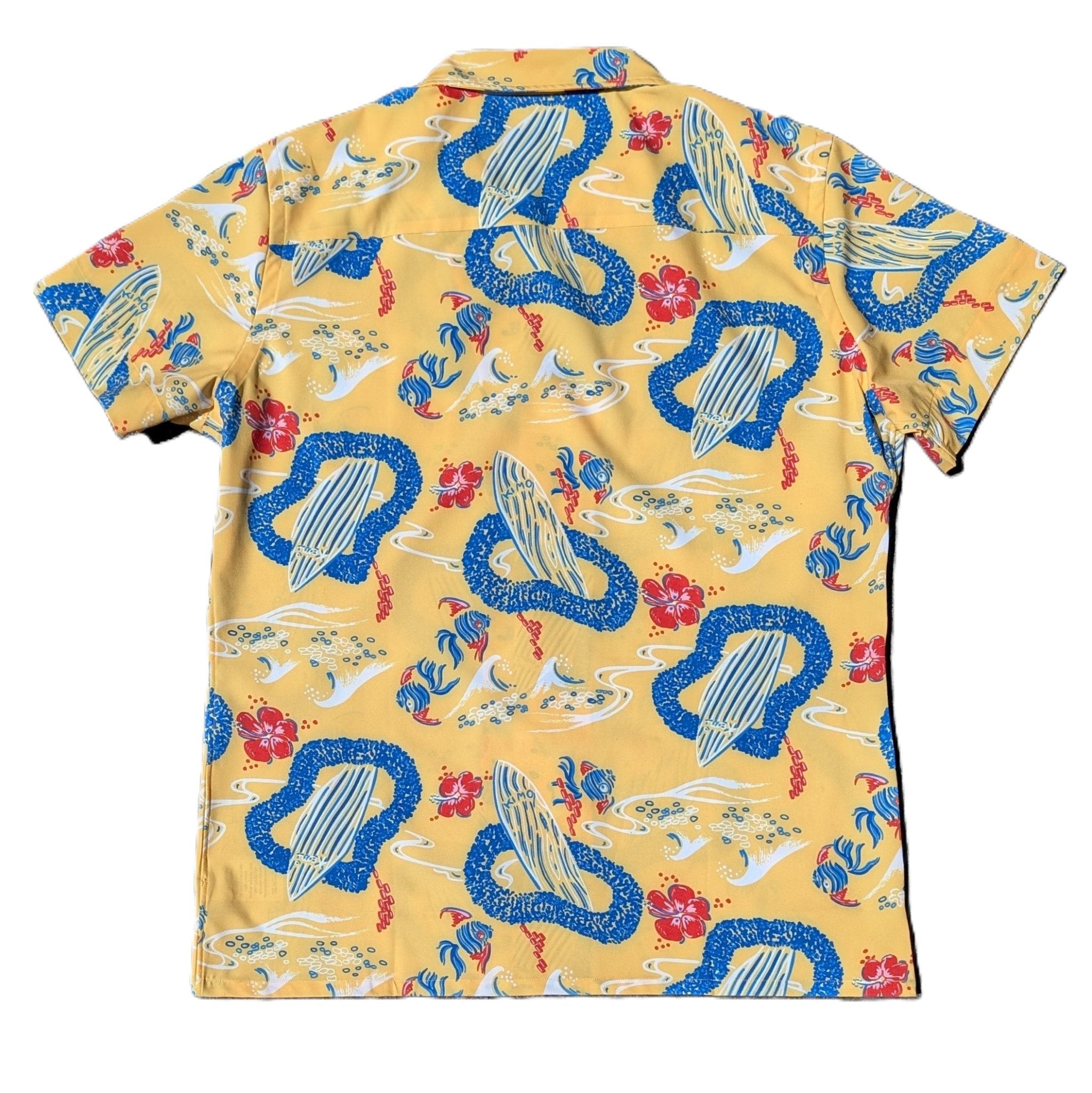 Colorful shirt with a pattern of blue shapes and red flowers on a yellow background