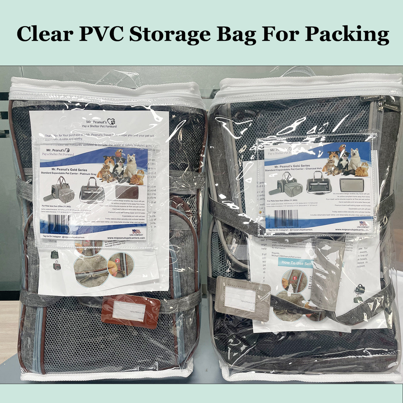 Clear PVC storage bags for packing with labels on a light blue background