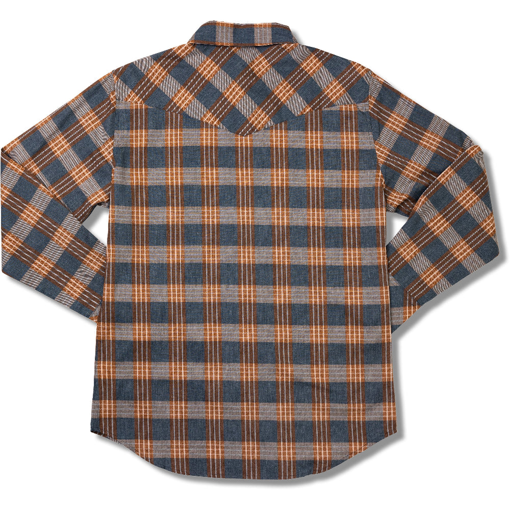Plaid shirt with orange and blue pattern on a white background