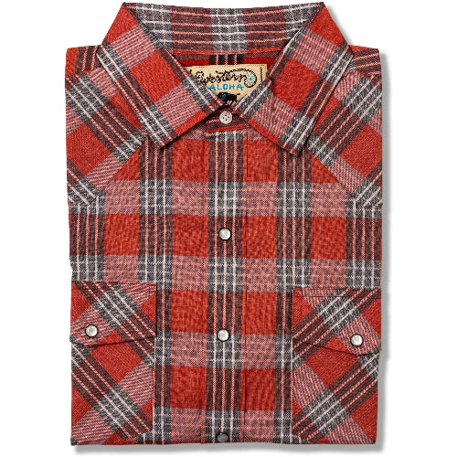 Red plaid shirt with a brand label on a white background