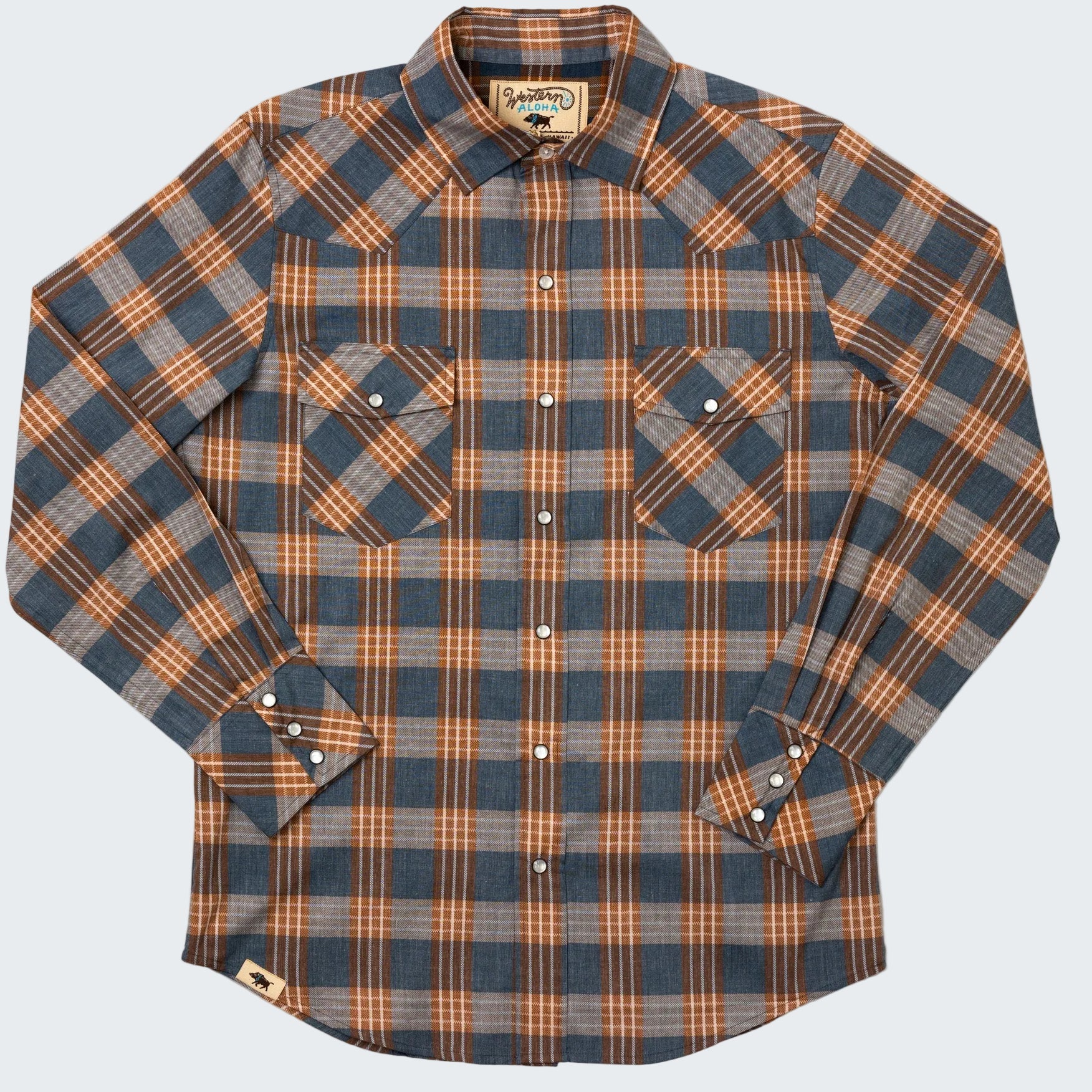 Plaid shirt with brown and blue pattern on a white background