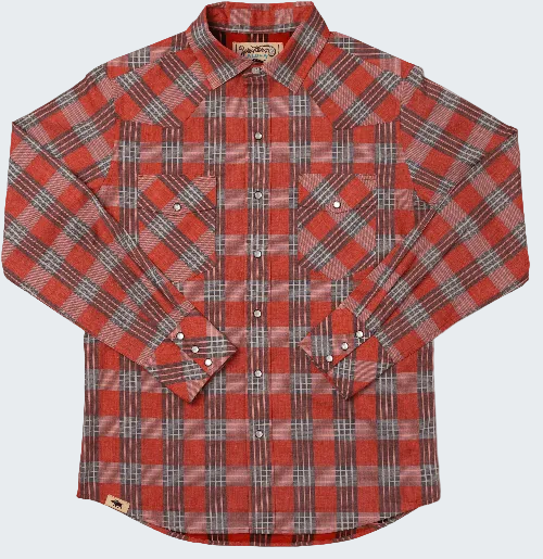 Red plaid shirt with a brand label on a white background