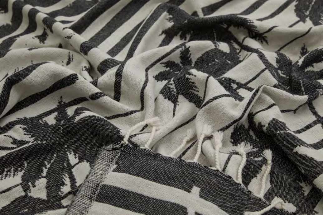 Close-up of a fabric with black palm tree pattern on a white background